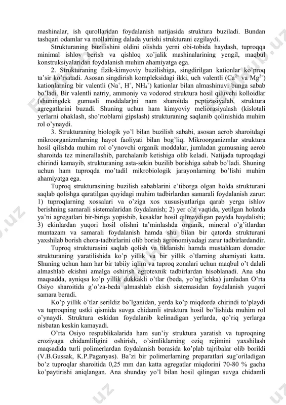 da kovakliklarning sifat ko’rsatkichlari bilan farqlanadi. strukturasiz tuproqlarda nozik ingichka kapillyarlar ko’p bo’lib, strukturali tuproqlarning makroagregatlari orasida va ular ichida yirik bo’shliqlar serob. struktura holatiga ko’ra tuproqlarning suv o’tkazuvchanligi keskin farq qiladi. suv ko’taruvchanligining tezligi va balandligi strukturasiz tuproqlarda yuqori bo’lganidan, nam tez bug’lanib ketadi. strukturali tuproqlarda esa aksincha nam uzoq saqlanadi. tuproq strukturasi havo almashinuvida ham muhim rol o’ynaydi. mikroagregatlar ( 250 mm) va yetarli nam bulmagan ( 1) - atmosfera yog’inlarining urtacha miqdori bug’lanishga nisbatan ko’p bo’ladigan urmon-o’tloq zonasi (podzol-botqoq va botqoq tuproqlar) va sernam subtropik viloyatlari tuprogiga xos. atmosfera yog’inlari bilan tuproq har yili sizot suvlarigacha namlanadi va qisman ana shu suvlarga qushiladi. tuproqning pastki qatlamiga singib o’tayotgan suv tuproqdagi turli birikmalar, jumladan oziq moddalarni o’zi bilan yuvib ketadi. shuning uchun ham bu xildagi suv rejimi yuviladigan tip deyiladi. (28a-rasm) hyperlink "\\\\cinema\\referat\\agroximiya va tuproqshunoslik\\тупрокшунослик 1 кисм\\atvamtянги китоблартайёрtuproqshunoslikanim21b.swf" 1. atmosfera yog’inlari 2. shox shabbalarda to’tib qolingan nam miqdori. …