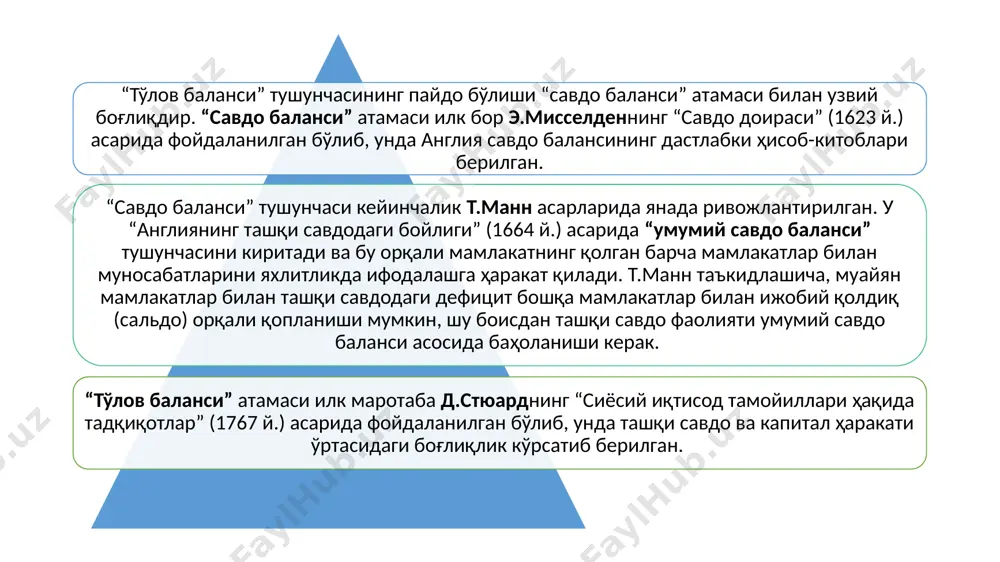 лашувчан (эгилувчан) тизимини ишлаб чиқиш зарурати туғилди. чунончи асосан инфляцион босим туфайли юзага келган валюта бозорининг беқарор ҳолати кредитор-мамлакатларнинг рискларини сезиларли даражада ошишига олиб келди. тўлов баланси, унинг тузилиши ва тақчиллиги тўлов баланси - иқтисодий битимлар – мамлакат резидентлари (уй хўжаликлари, корхоналар ва давлат) ва чет элликлар ўртасида маълум вақт (одатда бир йил) оралиғида амалга оширилган барча иқтисодий битимлар натижасининг тартиблаштирилган ёзуви. қийматнинг ҳар қандай айирбошланиши, яъни товарлар, кўрсатилган хизматлар ёки активларга мулкчилик ҳуқуқининг бир давлат резидентларидан бошқа давлат резидентларига ўтиши бўйича келишувлардан иборат. to'lov balansini tuzishning turli usullari mavjud. hozirgi vaqtda eng mashhuri xalqaro valyuta jamg'armasi tomonidan taklif qilingan to'lov balansi moddalarining tasnifi. ushbu uslub ob'ektiv haqiqatni aks ettirishga asoslangan - to'lov balansining ikkita katta qismini ajratib ko'rsatish zarurati. bu, birinchi navbatda, har bir bitimning ikki tomoni borligi bilan bog'liq - savdo va moliyaviy, xarajatlar hisobi nuqtai nazaridan, aslida, bir-birining oyna tasviri. tovarlar va xizmatlar eksporti norezidentlarga bo'lgan da'volarning …