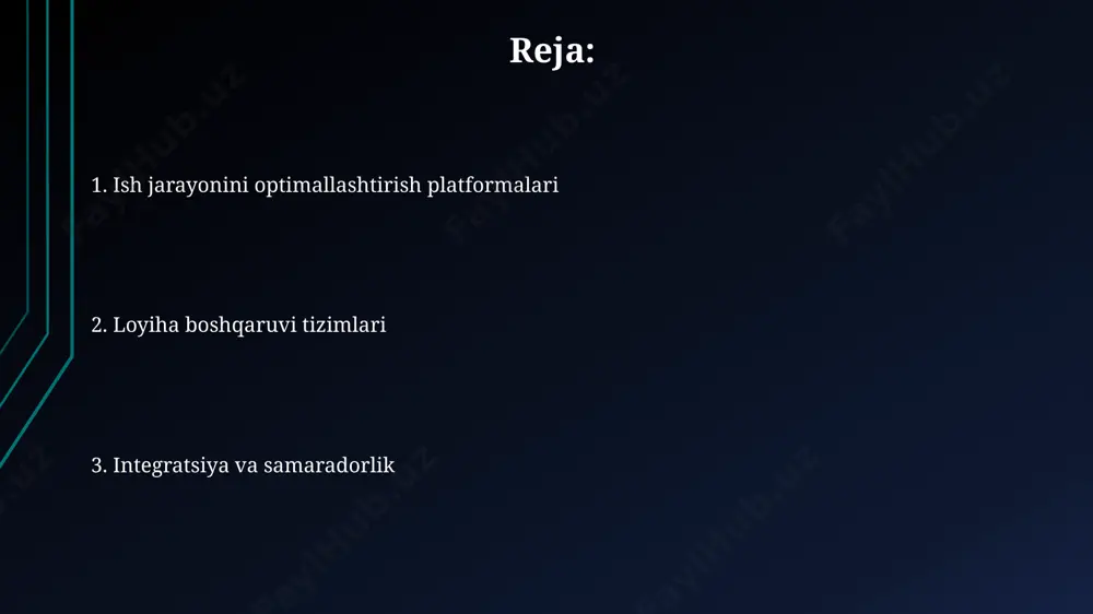 ti yaxshilanishiga olib keladi. mashhur platformalar misollari monday.com, o'zining 100,000 dan ziyod mijozlar bazasi bilan, loyihalarni kuzatish va samaradorlikni oshirish uchun 80 dan ortiq integratsiya imkoniyatlarini taqdim etadi va global miqyosda mashhurdir. asana, 50 million dan ortiq foydalanuvchisi bilan, global miqyosda loyihalarni boshqarish va ish oqimini optimallashtirish uchun keng qo'llaniladi va dunyoning 190 dan ortiq mamlakatida faoliyat yuritadi. muvaffaqiyatli amaliyot misollari “siemens” kompaniyasi 200 dan ortiq loyihalarda samaradorlikni 30% ga oshirish uchun germaniyada joylashgan “asana” platformasidan foydalandi, bu esa 15 million yevro tejashga olib keldi. aqshning “google” kompaniyasi 1000 dan ortiq xodimi bilan 50 ta katta loyihani muvoffaqiyatli boshqarishda “jira” platformasi yordamida 25% vaqtni tejab, loyihalarni muddatidan oldin yakunladi. loyiha rejalashtirish va platformalar loyiha rejalashtirish platformalari, masalan, asana yoki trello, 2023-yilda dunyo bo'ylab 5000 dan ortiq kompaniya tomonidan samaradorlikni oshirish uchun qo'llanilmoqda, bu esa loyihalarni 30% tezroq bajarishga yordam beradi. o'zbekistondagi kichik va o'rta biznes korxonalarining 15% dan ortig'i loyiha …