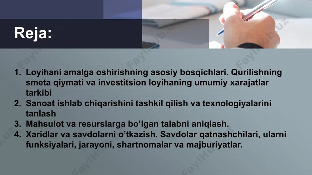 yurtmachi tomonidan quyidagilar ta’minlanadi: yer uchastkasini tanlash va ajratish, birlamchi ruxsat beruvchi hujjatlarni va qurilish hududini tayyorlash, loyiha oldi ishlarini tashkil etish, loyihaning, ish hujjatlarining va tanlov hujjatlarining tasdiqlanadigan qismini kelishish, ekspertizadan o’tkazish va tasdiqlash; loyihalovchi va pudratchini (bosh pudratchini) tanlov savdolari orqali tanlash; ishlarni bajarish va moliyalashtirish jadvallari bilan birgalikda shartnomalar tuzish; qurilish ob’ektini davlat arxitektura qurilish nazorat organlarida ro’yxatdan o’tkazish; pudratchiga qurish uchun birlamchi ruxsat beruvchi hujjatlarni berish; buziladigan, ko’chiriladigan yoki rekonstruktsiya qilinadigan binolarda, shuningdek, ob’ekt qurilishi hududida yashayotgan shaxslarni ko’chirish; moliyalashtirish, pudratchi tomonidan qabul qilingan shartnoma majburiyatlariga va shartnomada qayd etilgan boshqa funksiyalarga rioya qilinishi ustidan nazorat qilish; kafolatli davrda aniqlangan nuqsonlar bartaraf etilishi ustidan nazorat qilish. pudratchi tomonidan quyidagilar ta’minlanadi: ish hujjatlarini ishlab chiqish va uning texnologiya qismini buyurtmachi bilan kelishgan holda qurilish jarayonida (ob’ekt foydalanishga tayyor holda qurilganda) uni ekspert kuzatish; ish hujjatlarini (ob’ekt foydalanishga tayyor holda qurilganda) texnologik izchillik va ob’ekt qurilishining aniq shartlari …