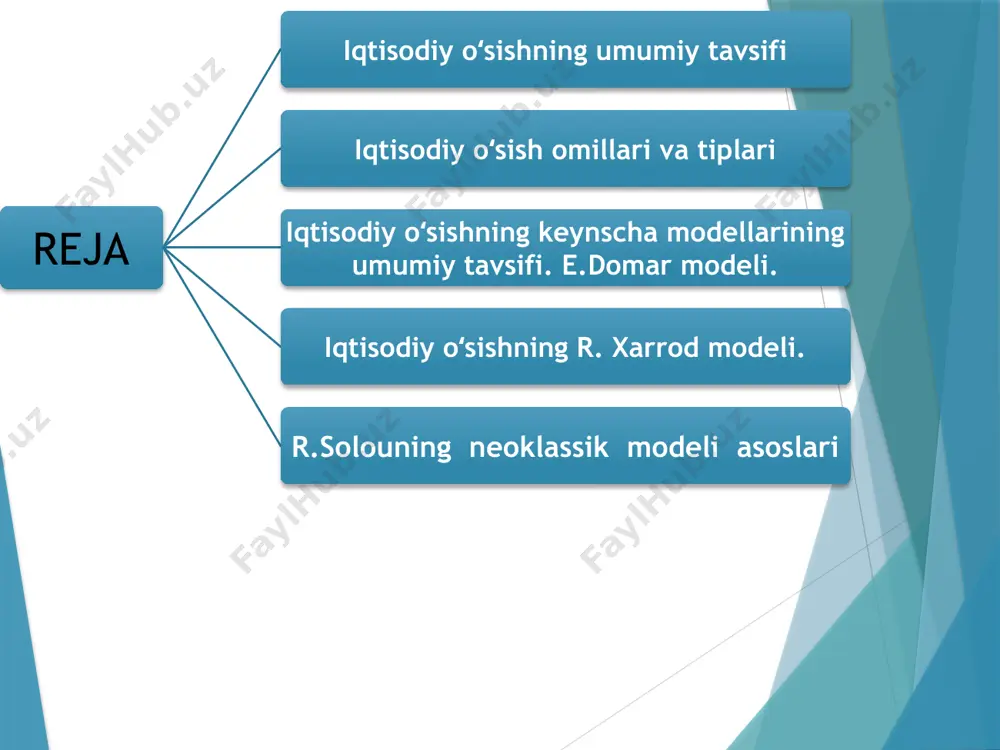 r boʻlib quyidagilar hisoblanadi: resurslarning koʻpayishi; samaradorlikni oshishi. iqtisodiy oʻsish omillari va tiplari iqtisodiy oʻsish omillari ikki guruhga ajratiladi: birinchi guruh omillari iqtisodiy oʻsishni fizik (ashyoviy) jihatdan ta’minlaydi. bu guruhga ishlab chiqarish omillari kiritiladi: tabiiy resurslar soni va sifati; mehnat resurslari soni va sifati; asosiy kapital hajmi; texnologiyalar va ishlab chiqarishni tashkil etish; jamiyatda tadbirkorlik malakalarining rivojlanishi darajasi. ikkinchi guruhga omillari jamiyatdagi iqtisodiy oʻsish potensialini yuzaga chiqarish imkonini beruvchi omillar – talab va taqsimot omillari bilvosita omillar) kiritiladi: bozorning monopollashuvi darajasini pasayishi; iqtisodiyotdagi soliq muhiti; kredit-bank tizimi samaradorligi; iste’mol, investitsiya va davlat xarajatlarining oʻsishi; eksport hajmining oʻsishi; iqtisodiyotda ishlab chiqarish resurslarini qayta taqsimlash imkoniyatlari; daromadlarni taqsimlashning shakllangan tizimi. iqtisodiy oʻsishning keynscha va neokllasik modellari mavjud. keynscha modellarning mohiyati quyidagicha: ularning barchasi keynsning yalpi talab toʻgʻrisidagi bosh gʻoyasiga tayanadi. ya’ni ularni tuzishda mualliflar iqtisodiyotni uzoq muddatli mutanosib rivojlanishining hal qiluvchi sharti yalpi talabni oshirish deb qarashgan; iqtisodiy oʻsishning asosiy omili investitsiyalar …