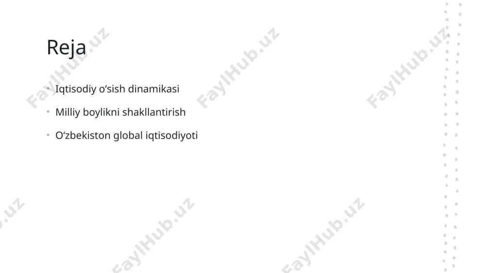 y muhit va oʻzbekistonning o‘rni. global iqtisodiy tendensiyalar global iqtisodiy muhitda raqobat kuchaymoqda. oʻzbekiston, o'zining resurslari va strategik joylashuvi bilan, bu muhitda o'z o'rnini mustahkamlashga intilmoqda. oʻzbekiston va savdo oʻzbekistonning geografik joylashuvi, xususan, markaziy osiyoda joylashishi, xalqaro savdo aloqalarini rivojlantirishda muhim rol o'ynaydi, yangi imkoniyatlar yaratmoqda. iqtisodiy hamkorlik oʻzbekiston, iqtisodiy diplomatiya orqali, global iqtisodiy hamkorlikni kuchaytirishga va mintaqaviy integratsiyani rivojlantirishga qaratilgan strategiyalarni amalga oshirmoqda. iqtisodiy oʻsish strategiyalari: oʻzbekistonga xos yondashuvlar. oʻzbekistonda iqtisodiy oʻsish strategiyalari davlatning iqtisodiy siyosati va xususiy sektorni rivojlantirishga qaratilgan. ushbu yondashuvlar quyidagi asosiy jihatlarni o'z ichiga oladi: 1) investitsiya muhitini yaxshilash; 2) innovatsion texnologiyalarni joriy etish; 3) ijtimoiy-iqtisodiy barqarorlikni ta'minlash. photo by noaa on unsplash milliy boylikni shakllantirish: asosiy tushunchalar va nazariyalar. 1 milliy boylik tushunchasi milliy boylik, davlatning iqtisodiy qudratini ko‘rsatadi va uning resurslari, ishlab chiqarish qobiliyati va ijtimoiy farovonlikni o‘z ichiga oladi. 2 milliy boylik nazariyasi milliy boylikni shakllantirish nazariyasi iqtisodiy resurslar, odam resurslari va …