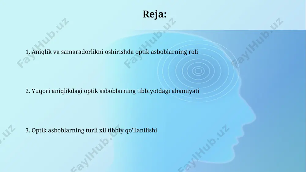 beradi, bu esa bemorning sog'lig'ini sezilarli darajada yaxshilaydi. endoskopik tekshiruvlar va jarrohlik amaliyotlari endoskopik tekshiruvlar yuqori aniqlikdagi optik tizimlar yordamida 1-5 mm diametrli ingichka naychalar orqali tananing ichki organlarini 1000x gacha kattalashtirib tasvirlash imkonini beradi. ko'p funksiyali endoskoplar, masalan, kolonoskoplar, 135° burchakka ega bo'lgan optik tizimlarga ega, bu esa qiyin joylashgan ichak qismlarini tekshirish va jarrohlik amaliyotlarini o'tkazish imkonini beradi. biomikroskopiya va uning imkoniyatlari zamonaviy biomikroskoplar, gonioskopiya moduli yordamida, burchakli tuzilmalarni va glaukoma belgilarini aniqlashga imkon beradi, bu esa erta tashxis qo'yishda muhim rol o'ynaydi. biomikroskopik tekshiruv davomida, yorug'lik manbalarining turli xil parametrlari (yorqinlik, fokus) tufayli 0,1 mm gacha bo'lgan aniqlikka erishish mumkin. optik asboblarning narxi va mijozlarga ta'siri arzonroq optik asboblar, masalan, oftalmologik diagnostika moslamalari (taxminan 10,000 - 50,000$ oraligʻida), bemorlarga sifatli diagnostika xizmatlarini olish imkoniyatini taʼminlashda muhim rol oʻynaydi. yuqori aniqlikdagi optik asboblar, masalan, lazerli jarrohlik tizimlari, 1 million dollardan oshiq narxda boʻlishi mumkin va bu katta tibbiyot …