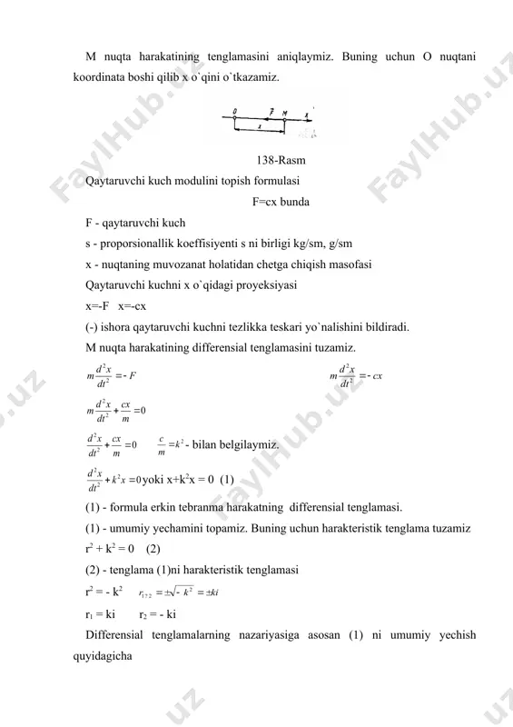 ni aniqlaymiz buning uchun (6) dan foydalanamiz va larning qiymatini qo`yamiz (9) (9) - erkin tebranish amplitudasini topish formulasi (6) ni bir biriga bo`lamiz (10) bunda - boshlang`ich faza (10) bilan ni aniqlaymiz (7) ni grafigini chizamiz 139-rasm qaytaruvchi kuch ta’siridagi nuqtani qilgan tebranma harakatiga erkin tebranma harakat deyiladi. adabiyotlar: 1. p. shoxaydarova, sh. shoziyotov, sh. zoirov «nazariy mexanika» darslik. toshkent 1991 yil. 2. t.r. rashidov, sh. shoziyotov, k.b.muminov «nazariy mexanika asoslari» darslik. toshkent 1990 y. 3. s. m. targ «kratkiy kurs teoreticheskoy mexaniki» «visshaya shkola» 2002 g. 4. i. v. meshcherskiy. nazariy mexanikadan masalalar to`plami. o`quv qo`llanmasi toshkent. 1989 y. _1069857973.unknown _1069912947.unknown _1069913119.unknown _1069914015.unknown _1097994759.unknown _1097994760.unknown _1266158062.unknown _1097994757.unknown _1069913157.unknown _1069912996.unknown _1069913023.unknown _1069912971.unknown _1069912753.unknown _1069912851.unknown _1069912909.unknown _1069912776.unknown _1069912625.unknown _1069912698.unknown _1069858008.unknown _1069837619.unknown _1069839114.unknown _1069856649.unknown _1069856791.unknown _1069856837.unknown _1069856718.unknown _1069856566.unknown _1069856584.unknown _1069856524.unknown _1069838340.unknown _1069838499.unknown _1069838652.unknown _1069838714.unknown _1069838728.unknown _1069838605.unknown _1069838447.unknown _1069838463.unknown _1069838399.unknown _1069837823.unknown _1069837915.unknown _1069837793.unknown _1069681725.unknown _1069682099.unknown _1069682194.unknown _1069682003.unknown _1069681644.unknown _1069681671.unknown _1069681511.unknown
