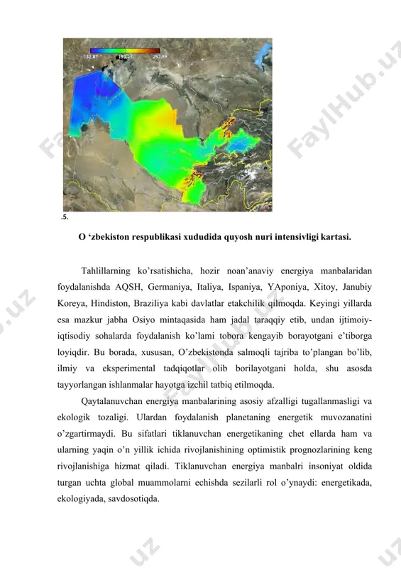 i, mazkur institut fan va sanoat tarmoqlari o’rtasida ko’prik vazifasini ham o’taydi. boshqacha aytganda, xalqaro quyosh energiyasi instituti olimlarimiz tomonidan yaratilgan innovatsion ishlanmalarni, shuningdek, chet elning ilg’or ishlanmalarini texnologiyalar transferi orqali arzonlashtirgan holda bozorbop sanoat namunasi darajasiga olib chiqib, uning to’liq konstruksiyaviy texnologik hujjatlarini tayyorlashda faollik ko’rsatadi. shu ma’noda, u ―o’zbekenergo davlataksiyadorlik kompaniyasi, ―o’zkommunxizmat‖ agentligi, ―o’zeltexsanoat uyushmasi, ―o’zbekneftgaz‖ milliy xolding kompaniyasi, o’zbekiston fanlar akademiyasi, ―davarxitektqurilish qo’mitasi va iqtisodiyotimizning boshqa sohalari uchun texnologik maydon bo’lib xizmat qiladiki, bu nafaqat o’zbekiston, balki butun osiyo qit’asining boshqa mamlakatlarida qayta tiklanuvchi energiya manbalaridan foydalanishni kengaytirishga qaratilgan yangi qo’shma loyihalarni amalga oshirishda muhim omil bo’lishi, shubhasiz. mutaxassislarga ayonki, quyosh elektr stansiyalari va suv isitish geliokollektorlarini barpo etishda kremniy, germaniy, galliy arsenidi, kadmiy-tellur, galliy fosfidi kabi yarimo’tkazgich materiallaridan foydalaniladi. bugungi kunda esa kremniy asosida yaratilgan qurilmalar keng qo’llanilayotgan bo’lib, ulardan 25-30 yil, hatto 35-40 yil davomida foydalanish mumkin. gelioenergetika – energiyani quyoshdan olish. quyosh energetikasining bir …