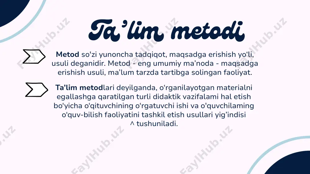 ar «qanday o'qitish» savoliga javob bersa, vositalar esa, «uning yordamida nimani o'qitish» savoliga javob beradi. an’anaviy ravishda qo'laniladigan ta’lim vositalariga darslik, rasmlar, jadvallar, nutq, o'quv-ustaxonasi jihozlari, laboratoriyalar, axborot vositalari, o'quv jarayonini tashkil etish va boshqarish vositalari kiradi. ta’lim vositalari ta’lim vositasini tanlab olish ta’lim metodini tanlash bilan bog'liq. agar ta’limning faol metodi(kitob bilan ishlash, mashqlar) foydalanilsa, u holda o'quv qo'llanmalari, darsi iklar va ta’limning texnik vositalaridan foydalaniladi. aynan ta’limning aktiv-texnik vositalari amaliy metodlarda foydalaniladi. ta’lim vositalari ta’limning passiv(sust) metodlari(o‘quvchilar eshitadi, ya’ni hikoya, ma’ruza, tushuntirish, ekskursiya)ta’limning ko'rgazmali vositalaridan foydalaniladi. ta’limning ko‘rgazmali vositalari pedagogning o‘zi tomonidan tuzilgan boiishi mumkin. vositalaming istalgan turidan fovdalanishda olchov va mutanosiblikka e’tibor berish kerak. masalan, ko‘rgazmali vositalaming soni yetarli bo‘lmasligi bilimlaming sifatiga ta’sir ko‘rsatadi, bilishga qiziqishni pasaytiradi, obrazli idrok etishni rivojlantirmaydi. ulardan haddan tashqari foydalanish o‘quvchilaming olganilayotgan fanga yengil-yelpi qara-shiga olib keladi. murakkab mavzulami o‘rganishda 4-5 demonstratsiya optimal hisoblanadi. tty - bu o‘zida o‘quv axborotlarini ekranli-ovozli aks …
