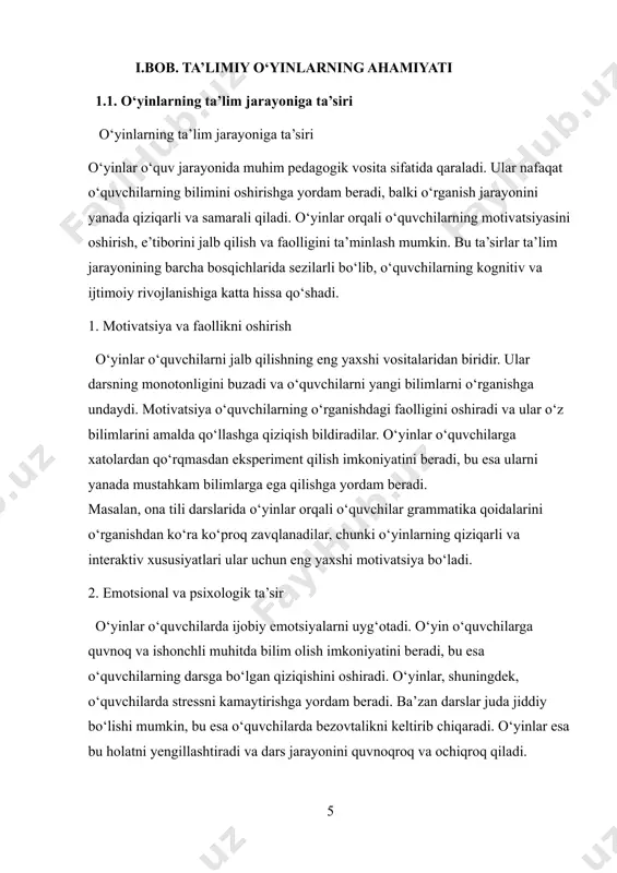 darsdagi faolligini oshiradi, bilimlarni mustahkamlaydi va o‘rganishni yanada samarali va qiziqarli qiladi. shuningdek, o‘yinlar orqali o‘quvchilarga xatolarni ko‘rish va ularni tuzatish imkoniyati beriladi, bu esa o‘rganish jarayonini yanada samarali va foydali qiladi. ta’limiy o‘yinlar o‘quvchilarning o‘rganish jarayonini samarali va qiziqarli qilish uchun ishlatiladigan eng muhim vositalardan biridir. ular nafaqat o‘quvchilarning bilimlarini oshirishga yordam beradi, balki ular o‘quv jarayonida faol ishtirok etishga, yangi bilimlarni o‘zlashtirishga va ijtimoiy ko‘nikmalarini rivojlantirishga yordam beradi. ta’limiy o‘yinlar, ayniqsa, o‘quvchilarning motivatsiyasini oshirish va o‘rganishni yanada samarali qilishda katta rol o‘ynaydi. 1. o‘quvchilarning motivatsiyasini oshirish ta’limiy o‘yinlar o‘quvchilarda o‘rganishga bo‘lgan qiziqishni oshiradi. o‘yinlarning qiziqarli va interaktiv xususiyatlari o‘quvchilarga o‘rganish jarayonini yanada zavqli qiladi. o‘quvchilar o‘yin orqali bilim olishni oson va qiziqarli deb biladilar, shuning uchun o‘rganish jarayoniga yanada faolroq kirishadilar. o‘yinlar yordamida o‘quvchilar yangi materiallarni o‘zlashtirishni tezroq o‘rganadilar va ular orasida mustahkam bilimlar shakllanadi. 2. faollikni oshirish ta’limiy o‘yinlar o‘quvchilarni faollashtiradi, chunki ular odatdagi darslardan farqli o‘laroq, …