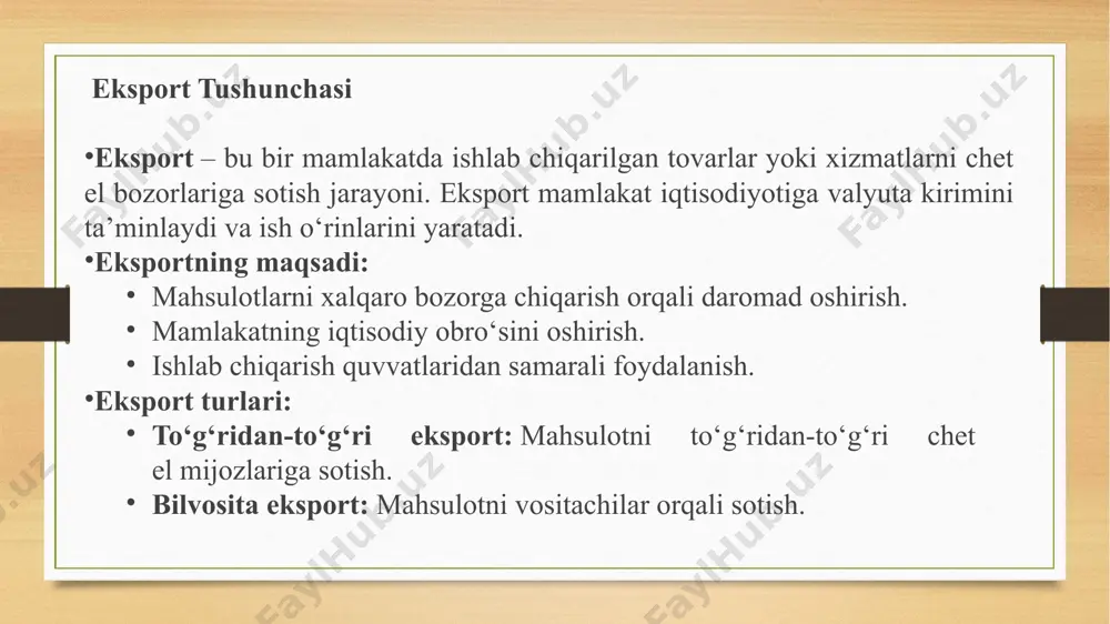 milliard aqsh dollariga yetgan bo‘lsa, import 20,4% ga o‘sib, 25,5 milliard aqsh dollarini tashkil etdi. 2022-yil: 2022-yilda o‘zbekistonning import hajmi 38,2 milliard aqsh dollarini tashkil etdi, bu 2021-yilga nisbatan 24% o‘sishni ko‘rsatadi. tovarlar importi 35,6 milliard aqsh dollariga yetdi, xizmatlar importi esa 2,6 milliard aqsh dollarini tashkil etdi. import tarkibida eng katta ulush mashinalar va asbob-uskunalar (39,2%), sanoat tovarlari (16,6%) hamda kimyoviy vositalar va shunga o‘xshash mahsulotlar (12,8%) hissasiga to‘g‘ri keldi. 2023-yil: 2023-yilda o‘zbekistonning tashqi savdo aylanmasi 62,6 milliard aqsh dollarini tashkil etdi. asosiy savdo hamkorlari quyidagicha taqsimlandi: xitoy: 13,7 milliard aqsh dollari rossiya: 9,8 milliard aqsh dollari qozog‘iston: 4,4 milliard aqsh dollari turkiya: 3,1 milliard aqsh dollari janubiy koreya: 2,3 milliard aqsh dollari turkmaniston: 1,1 milliard aqsh dollari germaniya: 1,1 milliard aqsh dollari fransiya: 985 million aqsh dollari qirg‘iziston: 953 million aqsh dollari afg‘oniston: 867 million aqsh dollari e’tiboringiz uchun rahmat image3.png image4.png /docprops/thumbnail.jpeg