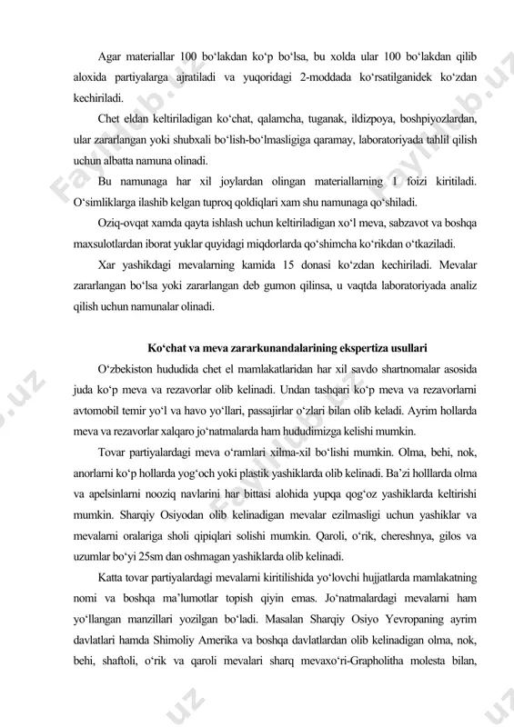 b kelingan olmalar o‘zimizda uchramaydigan tashqi karantin obyekti deb tan olingan olma pashshasi (rhogoletis pemolla) bilan zararlangan bo‘lishi mumkin. o‘rta yer dengizi qirg‘oqlarida joylashgan mamlakatlardan o‘ta xavfli tashqi karantin obyekti bo‘lgan o‘rta yer dengizi meva pashshasini (ceratitis capitatat) uchratish mumkin. sharqiy osiyodan olib kelingan meva rezavorlarda, ayniqsa olma, shaftoli, o‘rik, qaroli, uzumlarda ularni o‘rovchi materiallarda, taralarida amerika kapalagi (huphantria cunea) ning qurt va g‘umbaklari topilishi mumkin. ulardan tashqari, har xil qalqondorlar, unsimon qurtlar, jumladan kaliforniya qalqondori (quadraspidiotus pentagona), tut qalqondori va boshqa zararkunandalarning tuxumlarini uchratish mumkin. ko‘chatlarni ekspertizasini o‘tkazish uchun ishchi joy tayyorlanadi va kelgan posilkalarni ochiladi. asta sekin ko‘chatlarni bo‘shatiladi va atrofdagi paxta shoxlarni olib tashlanadi. ko‘chatlar bita-bitta olib ko‘rikdan lupa yordamida o‘tkaziladi. ko‘chatlarni ko‘rikdan o‘tkazish ildizdan boshlanadi. qoldiq tuproq skalpel yordamida tozalanadi. petri likopchasiga solinib binokulyar yordamida xasharot yoki kana bor yo‘qligi aniqlanadi. ildiz bo‘yniga aloxida diqqat qilinishi lozim. patologik shish, gallalar skalpel yordamida ochiladi va ko‘rikdan o‘tkaziladi. …