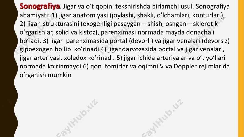 biokimyosidagi o'zgarishlar. • najas rangining o'zgarishi va siydikning qorayishi. • kechiktirilgan virusli gepatit. • qorin bo'shlig'i travmasidan gumon qilingan organ shikastlanishi. • jarayonga tayyorgarlik: • - yig'ilgan gazlar jigar va o't pufagini tekshirishga xalaqit bermasligi uchun, tekshiruvdan bir -ikki kun oldin, siz gaz ishlab chiqarilishi yuqori bo'lgan mahsulotlardan - karam, dukkakli, qora non, gazlangan ichimliklardan voz kechishingiz kerak. • - surunkali ich qotishi uchun siz ho'qna yoki laksatif qabul qilishingiz kerak. • - kechki ovqatni imtihondan 8 soat oldin faqat yengil ovqat bilan iste'mol qilishingiz mumkin. ultratovush tekshiruvi qat'iy ravishda och qoringa o'tkaziladi. • - ultratovush diagnostikasidan oldin xoleretik preparatlar va jigar faoliyatiga ta'sir etuvchi dorilarni qabul qilish mumkin emas. mrt. kompyuter tomografiyadan jigar tekshirishda umuman aytganda qo’llaniladi lekin ko’p emas. kamchiliklari: nafas bilan sinxronizatsiya yo’q, fazoviy farqlash kichikroq (tasvir unchali tiniq emas), kaltsinatlar (toshlar) yaxshi ko’rinmaydi, qimmat. ahamiyati ktga o’xshash (shu jumladan kontrast mrt). tekshiruvga nafas, qon oqimi va …