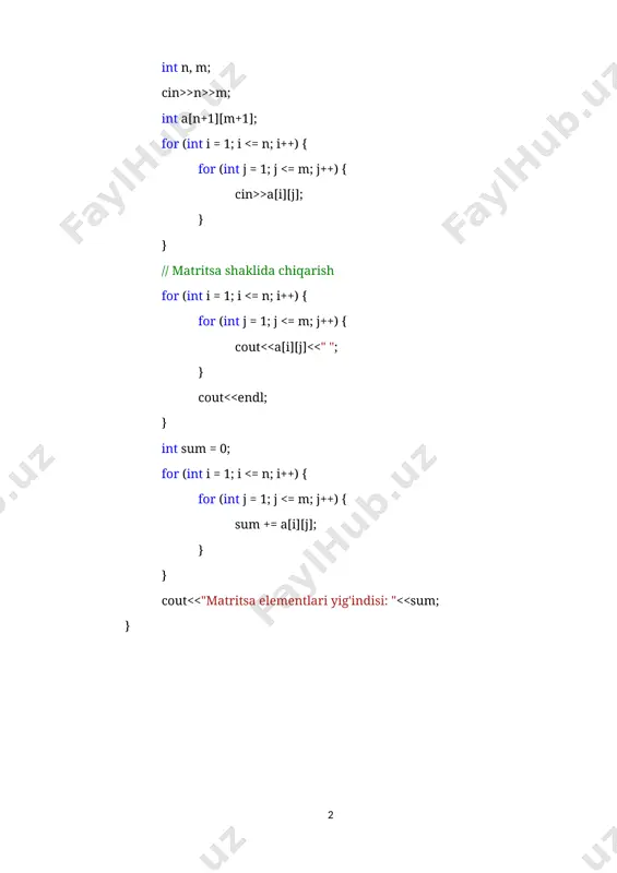 //ustunlar yig'indisini saqlovchi massiv //satrlar va ustunlar yig'indilarining qiymatlarini nolga tenglaymiz for (int i = 1; i <= n; i++) { s_r[i] = 0; } for (int i = 1; i <= m; i++) { s_c[i] = 0; } for (int i = 1; i <= n; i++) { for (int j = 1; j <= m; j++) { s_r[i] += a[i][j]; // a[i][j] element i-satr yig'indisini oshiradi s_c[j] += a[i][j]; // a[i][j] element j-ustun yig'indisini oshiradi } } cout << "qatorlar yig'indilari : "; for (int i = 1; i <= n; i++) { cout << s_r[i] << " "; } cout << endl; cout << "ustunlar yig'indilari : "; for (int i = 1; i <= m; i++) { cout << s_c[i] << " "; } } topshiriqlar sodda topshiriqlar: 1. matritsani qator elementlari yig‘indisidan vektor hosil qilinsin, eng katta va eng kichik elementi aniqlansin. 2. matritsani ustun …