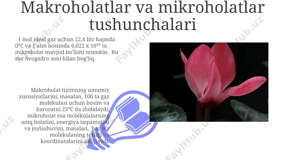 muvozanat holatini aniqlashda qo'llaniladi. makroholat va unga mos keladigan mikroholatlar soni makroholat, masalan, 1 mol ideal gazning 273 k va 1 atm bosimdagi holati, juda ko'p sonli, taxminan 6,02 x 10²³ ta molekulalar harakatining turli kombinatsiyalari (mikroholatlar) bilan ifodalanishi mumkin. agar biz 100 ta molekuladan tashkil topgan sistemada 50 ta molekula chap tomonda, 50 ta molekula o'ng tomonda joylashgan makroholatni ko'rib chiqsak, bunga mos keladigan mikroholatlar soni kombinatorika yordamida hisoblanadi va bu son juda katta, masalan, 10³⁰ dan ortiq bo'lishi mumkin e'tiboringiz uchun rahmat @taqdimot_robot image4.jpg image5.jpg image6.jpg image7.jpg image8.jpg image9.jpg image10.jpg image11.jpg image12.jpg image1.jpeg image2.jpeg image3.jpeg