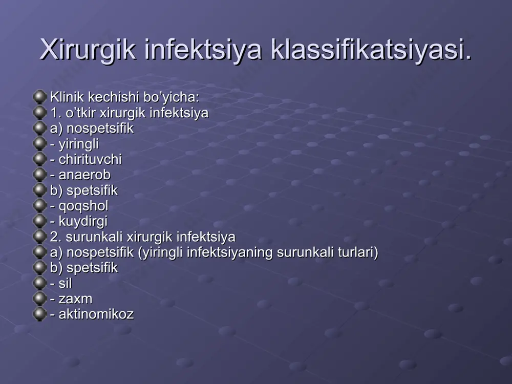 . oʼtkir 2. surunkali tomirlar shikasti turiga koʼra: 1. kapillyar (retikulyar) 2. poyali (trunkulyar) bilakning ifloslangan jaroxati. trunkulyar limfangit. davolash, birinchi navbatda, birlamchi yiringli-yalligʼlanish markazini yoʼq qilishga qaratilgan boʼlishi kerak. uni jarroxlik davolash, oqilona drenajlash, yetarli umumiy davolash. oyoq-qoʼllar uchun tinch xolatni yaratish, baland pozitsiyani yaratish va agar kerak boʼlsa, immobilizatsiya qilish muhimdir. limfadenit (lymphadenitis) limfa tugunlarining yalligʼlanishi turli yiringli-septik kasalliklar, oʼziga xos infektsiyalarning asoratlari sifatida yuzaga keladi va odatda ikkilamchi jarayondir. quyida limfadenitning turlari ko`rsatilgan: - o`tkir - surunkali - nospesifik - spesifik eksudat xarakteriga qarab farqlanadi: - seroz - gemorragik - fibrinoz - yiringli limfadenit oʼtkir yiringli boʼyin limfadeniti flegmona (phlegmona) kletchatkaning oʼtkir yiringli tarqalgan yalligʼlanishi. toʼqimalardagi oʼzgarishlarga qarab quyidagilar mavjud. - seroz - yiringli - chirituvchi - flegmonaning nekrotik shakli klinik koʼrinishi. klinik kechishiga koʼra, flegmona quyidagilar bilan ajralib turadi: keskin surunkali joylashgan joyi boʼyicha: epifasial subfasial mushak ichi organlarda interorgan submukozali retroperitoneal mediastinal tos ichi boldirning …