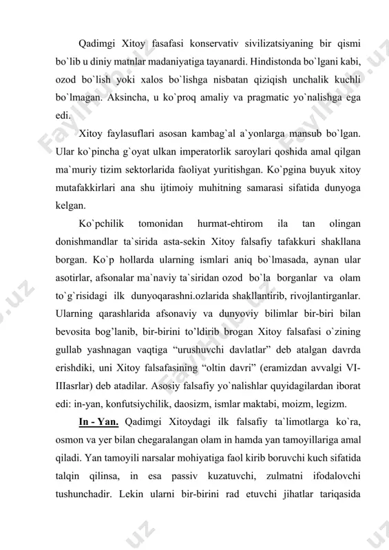 ammolarni yoritishda keng qo’llanilgan. konfutsiychilik qadimgi xitoyda vujudga kelgan va hozirgi kunga qadar o’z ta`sirini yo’qotmay kelayotgan falsafiy maktabdir. konfutsiy an`analarga qattiq rioya qilgan mutafakkirdir. uning ta`limotida qadimgi yozma manbalarni o’rganish markaziy o’rin tutadi. konfutsiy o`zi haqida shunday deydi: “eskini bayon qilaman va yangini yaratmayman”. konfutsiy tabiat falsafasi va din falsafasiga unchflik qiziqish namoyon qilmaydi balki, insonni diqqat markaziga qo’yadi. u va uning izdoshlari jamiyatning parchalanib ketishidan bezovta bo`lishganliklari sababli asosiy e`tiborini insonni o’z atrofidagilarga va jamiyatga nisbatan hurmat ruhida tarbiyalashga qaratdilar. shaxs o`zi uchun emas, balki jamiyat uchun shaxsdir. konfutsiychilik axloqi insonni uning ijtimoiy vazifasi bilan bog’liq ravishda tushunadi, ta`lim va tarbiyani esa, insonni ana shu vazifani bajarishga olib keladigan narsa sifatida idrok qiladi. konfutsiychilik sharq xalqlari ongida shunday axloqiy me`yorlarni shakllantirdiki, o’zining omma ongiga ta`sir kuchi jihatidan uni injildagi 10 diniy buyruq bilan solishtirish mumkin. bu avvalo, besh muqimlik, yoki besh fazilat - insonparvarlik, burchga codiqlik, tavfiqlik, aqlga …