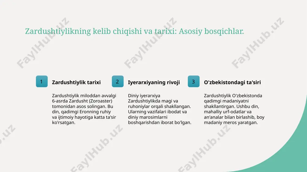 radi. zardushtiylikning o'zbekistondagi tarixi va kelib chiqishi. zardushtiylik tarixi zardushtiylik, miloddan avvalgi 6-asrda zardusht tomonidan asos solingan bo'lib, o'rta osiyo va o'zbekistonga ta'siri kuchli bo'lgan diniy falsafadir. o'zbekistondagi tarqalishi zardushtiylik o'zbekistonga qadimiy savdo yo'llari orqali kirib kelgan, bu hududda ko'plab ibodatxonalar va muqaddas joylar tashkil etilgan. madaniy meros zardushtiylikning o'zbekistondagi merosi, xalq urf-odatlari va marosimlarida o'z ifodasini topib, madaniyatga chuqur ta'sir ko'rsatgan. zamonaviy ko'rinishi hozirgi kunda zardushtiylik o'zbekistonda qayta tiklanmoqda, yangi tadqiqotlar va madaniy tadbirlar orqali o'z e'tiborini qozonmoqda. o'zbekistondagi zardushtiylikning madaniy ta'siri va an'analari. 1 zardushtiylik an'analari zardushtiylik, o'zbekistonda qadimdan mavjud bo'lgan an'analarning asosiy manbalaridan biri bo'lib, turli marosimlar va bayramlarda o'z aksini topadi. 2 madaniy ta'sir zardushtiylik, o'zbekiston madaniyatiga chuqur ta'sir ko'rsatgan, xalqning urf-odatlari, san'ati va adabiyotida izlar qoldirgan. 3 zamonaviy izlar hozirgi kunda, zardushtiylikning qadimiy qadriyatlari o'zbekistonda faol saqlanib qolmoqda, yangi avlod tomonidan o'rganilmoqda va qadrlanmoqda. zardushtiylik va o'zbekiston xalqlari: urf-odatlar va marosimlar. 1 zardushtiylik an'analari zardushtiylik …