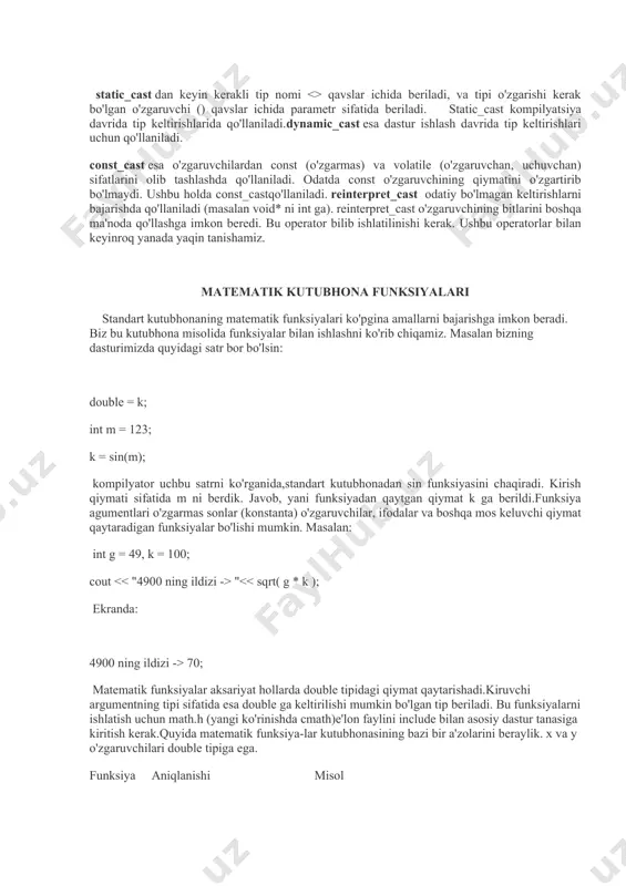 rafidan bajariladi. masalan ushbu parchani ko'raylik: char c = 33; int k; k = c; bu yerda k ning sig'imi c nikidan kattaroqdir. shuning uchun c ning qiymatini k ga berishda hech qanday muammo paydo bo'lmaydi. quyidagi misolni ko'raylik: int i = 5; float f = 9.77; float result; result = f + i; c++ ning kompilyatori ikki turdagi o'zgaruvchilar bilan ishlay olmaydi. shu sababli ifodadagi sig'imi kichik bo'lgan o'zgaruvchilar ifodadagi qatnashgan eng katta sig'imga o'tqaziladi. bu ham avtomatik tarzda bajariladi. i o'zgaruvchimiz qiymati vaqtinchalik float tipidagi o'zgaruvchiga beriladi. bu vaqtinchalik o'zgaruvchi esa f ga qo'shiladi. chiqqan javob result ga beriladi. yuqorida ko'rib chiqqanlarimiz kompilyator tarafidan bajariladi. bu kabi tip o'zgarishlarini avtomatik konversiya(implicit conversion) deymiz. lekin gohida to'g'ri kelmaydigan tiplarni birga qo'llashga to'g'ri keladi. masalan float tipiga double tipni o'tqazish, char ga int va hokazo. bu hollarda ochiq konversiya (explicit conversion) amalini bajarishimiz kerak. buni bajarishning ikki uslubi bor. birinchisi …