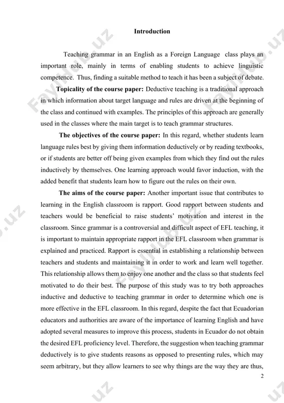 and deductive to teaching grammar in order to determine which one is more effective in the efl classroom. in this regard, despite the fact that ecuadorian educators and authorities are aware of the importance of learning english and have adopted several measures to improve this process, students in ecuador do not obtain the desired efl proficiency level. therefore, the suggestion when teaching grammar deductively is to give students reasons as opposed to presenting rules, which may seem arbitrary, but they allow learners to see why things are the way they are thus, reducing the opportunity of grammar explanations. one of the most controversial and unanswered questions regarding effective language learning is the issue of whether grammar is taught deductively or inductively. this implies that the debate has always focused on how grammar could be taught explicitly, through a formal presentation of grammatical rules, or implicitly, through natural exposure to meaningful …