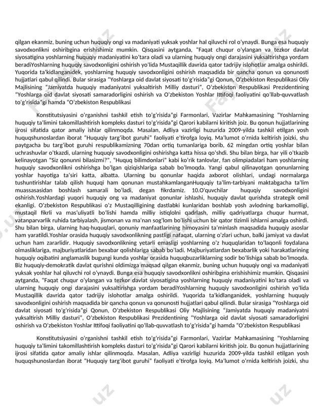 rgetikapsh misol sifatida koʻrsatish mumkin. barcha tadqiqotlarning (ilmiy uslubning) ajralmas qismidir, chunki bu muammoni belgilash uchun zarur bo'lgan protseduralar va texnikalarni tizimlashtirishga imkon beradi. 6.metodika nima.metod bu biror maqsadni amalga oshirish uchun foydalaniladigan yöl, usuldir.har bir fanni o'rganishda o'z metodi va uslublari bo'ladi.metadalogiyada qolgan barcha fanlarga aloqador bo'lgan o'rganish usullari ko'rib chiqiladi va tahlil qilinad 7.kreativ fikrlash nima. kreativlik [ijodiylik] qandaydir yuangi narsa betakror narsa yarata olish layoqati yangicha fikrlash orginal g'oya va yechimga olib keluvchi aqliy jarayon. 8.yuridik sohada kreativ fikrlash. .yuridik sohada kreativ fikrlash deganda huquqiy harakterdagi savollar yichimiga ijodiy iloji boricha yangicha yondashuv tushunchasi. 9.maktab talimida huquq fanini o'qitishning ahamiyati. yoshlardagi yuqori huquqiy ong va madaniyat qonunlar ishlashi, huquqiy davlat qurishda strategik omil ekanligi.o’zbekiston respublikasi o’z mustaqilligining dastlabki kunlaridan boshlab yosh avlodning barkamolligi, mustaqil fikrli va mas’uliyatli bo’lishi hamda milliy istiqlolni qadrlash, milliy qadriyatlarga chuqur hurmat, vatanparvarlik ruhida tarbiyalash, jismonan va ma’nan sog’lom bo’lishi uchun bir qator …