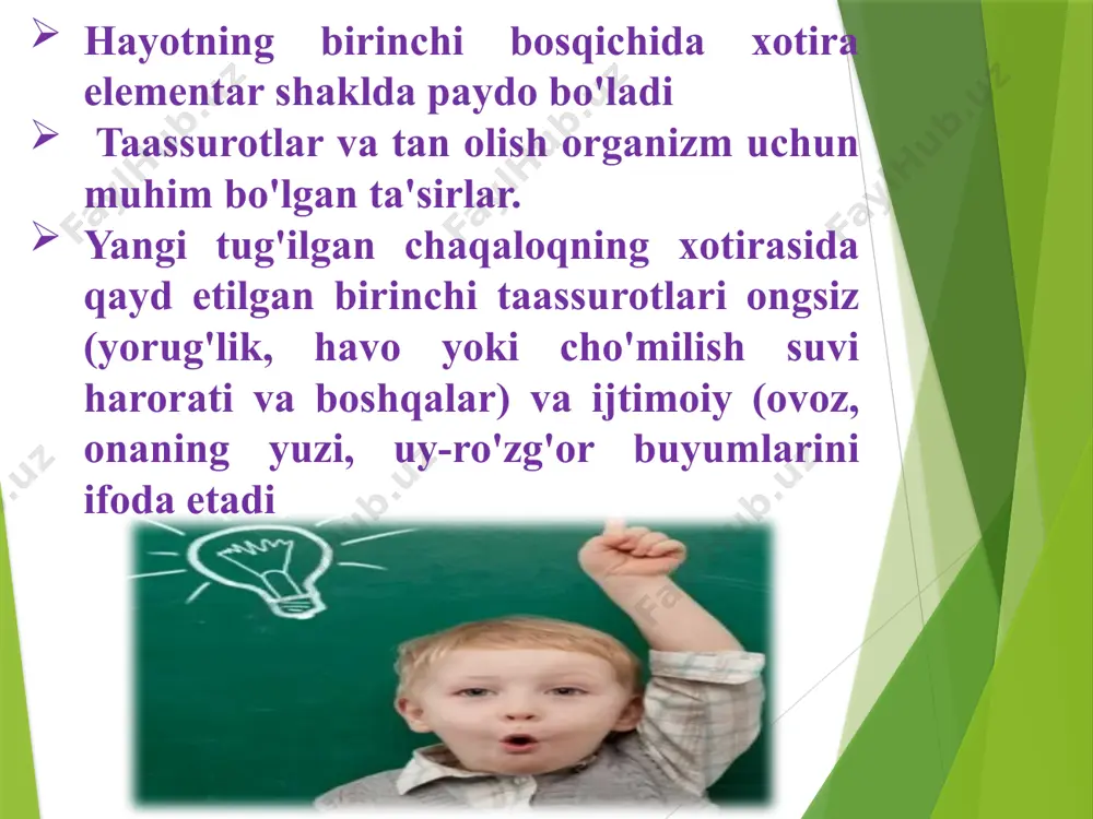lar va tengdoshlar bilan muloqot qilish. matnni takrorlash, o'z tajribasini taqdim etish mantiqiy, izchil bo'ladi. o'zboshimchalik bilan yodlash tomonidan bo'linadi mexanik va mantiqiy shaxs tomonidan qo'llaniladigan yodlash usuliga bog'liq. diqqat - bu ongni har qanday haqiqiy yoki ideal narsaga yo'naltirish va kontsentratsiya qilish, bu shaxsning hissiy, intellektual yoki motor faolligi darajasini oshirishni anglatadi. o'zboshimchalik va ixtiyoriy e'tibor ularning kelib chiqishi va amalga oshirish usullariga ko'ra, e'tiborning ikkita asosiy turi farqlanadi: majburiy va o'zboshimchalik diqqatning tabiati va tabiati psixologik fanda jiddiy kelishmovchiliklarni keltirib chiqaradi. ba'zi mutaxassislar diqqatning alohida mustaqil funktsiya sifatida mavjudligiga shubha qilishadi, uni boshqa aqliy jarayonlarning bir tomoni yoki lahzasi deb bilishadi. ammo diqqat neyronlari, yangi hujayrali detektorlar kashf etilishi, retikulyar shakllanish funktsiyasini o'rganish, ayniqsa diqqat fiziologik korrelyatsiyasi bo'lgan dominantlarning shakllanishi bu hissiy jarayonlardan anatomik va fiziologik jihatdan nisbatan mustaqibo'lgan aqliy shakllanishdirl ma'lumki, inson bir vaqtning o'zida turli xil narsalar haqida o'ylay olmaydi va turli xil ishlarni amalga oshira …