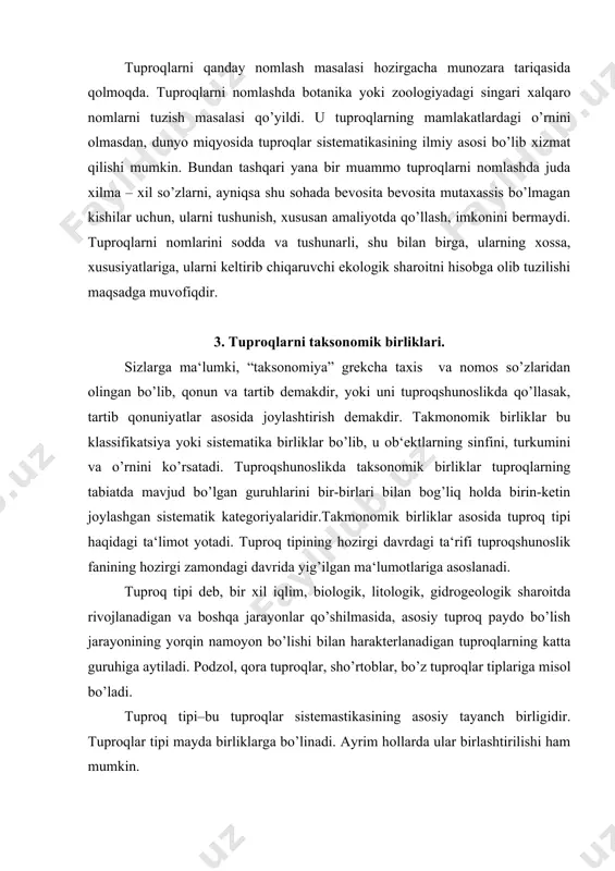 moyon bo’lishi bilan harakterlanadigan tuproqlarning katta guruhiga aytiladi. podzol, qora tuproqlar, sho’rtoblar, bo’z tuproqlar tiplariga misol bo’ladi. tuproq tipi–bu tuproqlar sistemastikasining asosiy tayanch birligidir. tuproqlar tipi mayda birliklarga bo’linadi. ayrim hollarda ular birlashtirilishi ham mumkin. tuproq tipining bir butunligi va harakterli belgilari qo’yidagilar bilan aniqlanadi: 1) organik qoldiqlarning tuproqqa tushishi, ularning parchalanishi va chirindiga aylanish jarayonlarining bir xilligi. 2) mineral massaning parchalanishi va orgonomineral yangi hosillar migratsiyasi(harakati) va akkumulyatsiyasi (to’planishining) bir tipdaligi. 4)tuproq profili tuzilishi va genetik gorzontlar harakterining bir tipdaligi. 5)tuproq unumdorligini saqlash va oshirishga qaratilgan chora – tadbirlarning bir yo’nalishda bo’lishi. tuproq tipi, hamma joylarda u yoki bu darajada tuproqlar sistemasining tayanch birligi sifatida qabul qilingan. turli mamlakatlarda bu birlik xar xil nomlansa ham, uning mohiyati bir xildir. masalan, mamlakatimizda, shuningdek ba‘zi xorijiy davlatlarda tuproq tipi, frantsiyada – gruppe du sol, aqsh, kanada- great sol group, germaniyada - balentip, fao, yunesko da – soilunit deb yuritiladi. tuproq tipchasi …