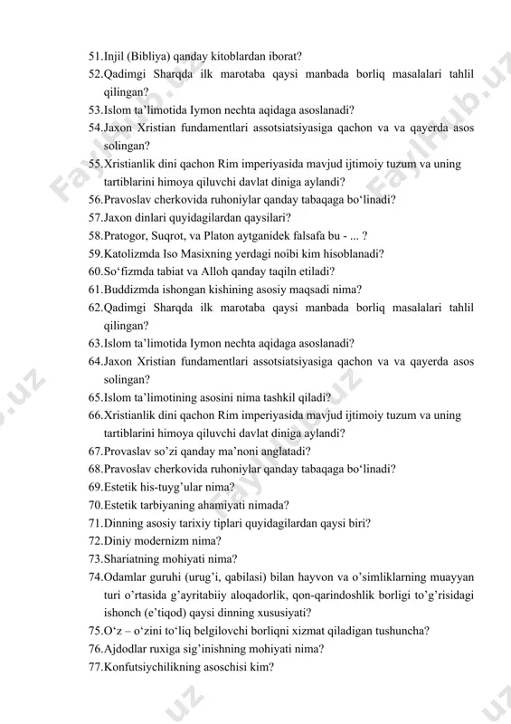 xristianlik dini qachon rim imperiyasida mavjud ijtimoiy tuzum va uning tartiblarini himoya qiluvchi davlat diniga aylandi? 56. pravoslav cherkovida ruhoniylar qanday tabaqaga bo‘linadi? 57. jaxon dinlari quyidagilardan qaysilari? 58. pratogor, suqrot, va platon aytganidek falsafa bu - ... ? 59. katolizmda iso masixning yerdagi noibi kim hisoblanadi? 60. so‘fizmda tabiat va alloh qanday taqiln etiladi? 61. buddizmda ishongan kishining asosiy maqsadi nima? 62. qadimgi sharqda ilk marotaba qaysi manbada borliq masalalari tahlil qilingan? 63. islom ta’limotida iymon nechta aqidaga asoslanadi? 64. jaxon xristian fundamentlari assotsiatsiyasiga qachon va va qayerda asos solingan? 65. islom ta’limotining asosini nima tashkil qiladi? 66. xristianlik dini qachon rim imperiyasida mavjud ijtimoiy tuzum va uning tartiblarini himoya qiluvchi davlat diniga aylandi? 67. provaslav so’zi qanday ma’noni anglatadi? 68. pravoslav cherkovida ruhoniylar qanday tabaqaga bo‘linadi? 69. estetik his-tuyg’ular nima? 70. estetik tarbiyaning ahamiyati nimada? 71. dinning asosiy tarixiy tiplari quyidagilardan qaysi biri? 72. diniy modernizm nima? 73. …