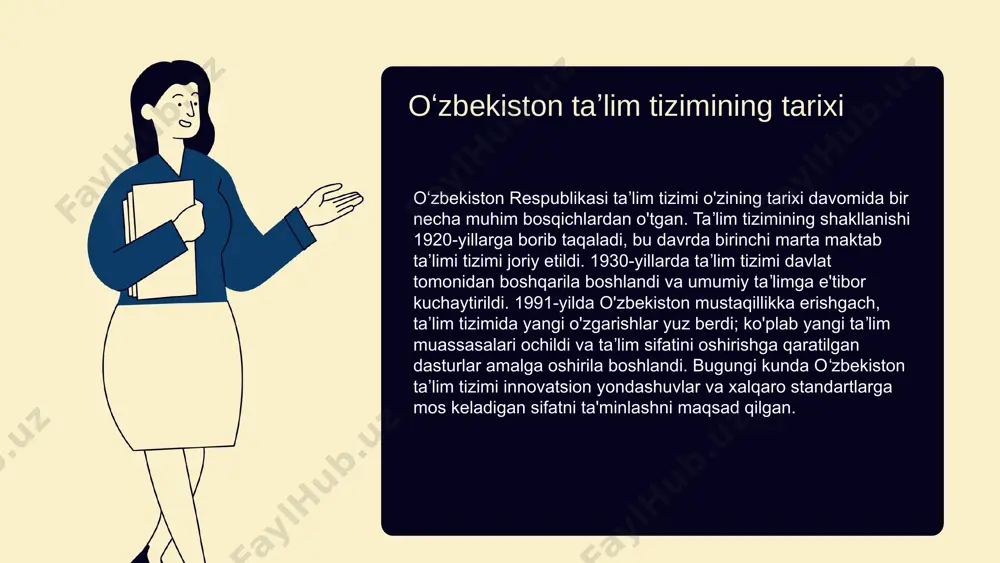 taklifni muvofiqlashtirishni ta'minlaydi. taʼlim sifatining oshishi, iqtisodiy o'sishni tezlashtirishga yordam beradi. o'zbekistonda taʼlim va iqtisodiyot o'rtasidagi o'zaro bog'liqlik, biznes va innovatsiyalarni rivojlantirishda ham ko'rinadi. malakali kadrlar, yangi texnologiyalarni joriy etish va iqtisodiy o'sishni qo'llab-quvvatlashda muhim ahamiyatga ega. innovatsion taʼlim texnologiyalari oʻzbekiston taʼlim tizimida innovatsion texnologiyalar yangi imkoniyatlar yaratmoqda. oʻquv jarayonida interaktiv taʼlim platformalari va raqamli resurslar joriy etilmoqda. bular o‘quvchilarning qiziqishini oshiradi va taʼlim sifatini yaxshilaydi. it texnologiyalari, masalan, onlayn darslar va virtual sinflar, o‘quvchilarga masofaviy ta’lim olish imkonini beradi, bu esa taʼlim jarayonini yanada samarali qiladi. innovatsiyalar o‘quvchilarning bilim olish jarayonini yangilaydi va zamonaviy talablar darajasida ta’limni ta'minlaydi. oʻquvchilarni faollashtirish usullari oʻquvchilarni dars jarayonida faollashtirish uchun bir qator metodlar mavjud: - taʼlimda interaktiv metodlar: bu metodlar o'quvchilarning darsda faol ishtirok etishlarini taʼminlaydi. misol uchun, guruhli muhokamalar va rolli o'yinlar. - mavzuni o'zlashtirishda o'quvchilarni qiziqtirish uchun multimedia vositalaridan foydalanish. - oʻquvchilarni mustaqil fikrlashga undovchi vazifalar berish. misollar: - o'quvchilarga o'z …