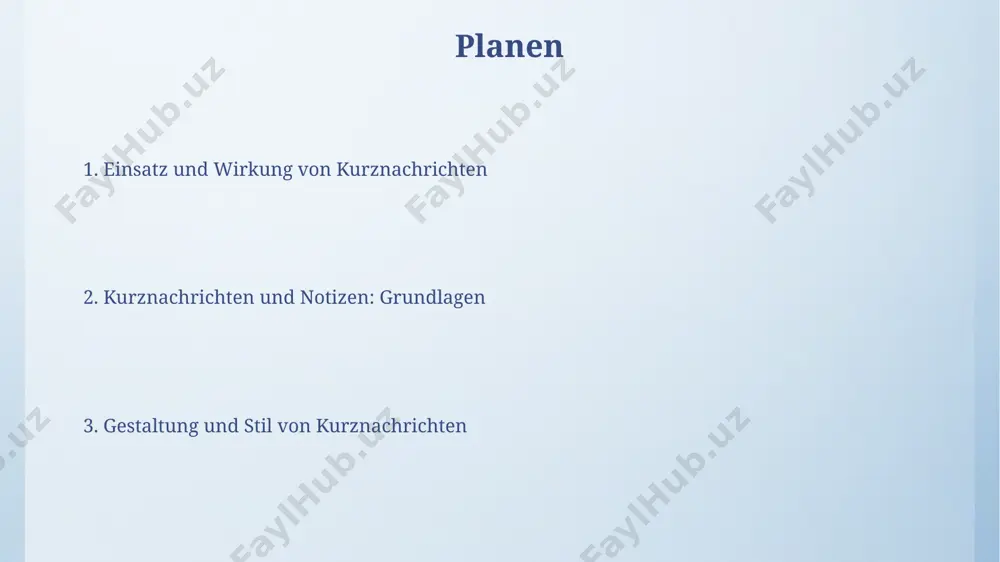 arheit, vermeiden umgangssprache und slang. informelle nachrichten erlauben hingegen einen lockeren, umgangssprachlichen ton und einen höheren grad an emotionaler ausdruckskraft (z.b. durch emojis oder ausrufezeichen). die länge formeller nachrichten ist oft präziser und strukturierter (z.b. maximal 3 sätze, klare gliederung), während informelle nachrichten flexibler in länge und stil (bis zu 100+ wörter, emojis, abkürzungen) sind. kurznachrichten und technologie moderne messaging-apps nutzen end-to-end-verschlüsselung, um die privatsphäre von kurznachrichten zu gewährleisten, was eine höhere sicherheit gegenüber älteren sms-technologien bietet. die durchschnittliche länge einer sms beträgt weltweit ca. 160 zeichen, wobei technologien wie mms und messaging-apps diese beschränkung durch multimedia-inhalte und längere textnachrichten umgehen. effektives schreiben von kurznachrichten verwenden sie prägnante formulierungen und vermeiden sie unnötige wörter; streben sie maximal 140 zeichen pro nachricht an, um lesbarkeit zu gewährleisten. setzen sie prioritäten: konzentrieren sie sich auf die 2-3 wichtigsten informationen und formulieren sie diese prägnant und verständlich. vielen dank für ihre aufmerksamkeit @taqdimot_robot …