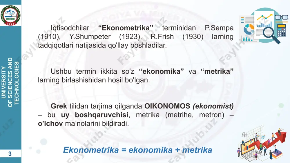 mkin. ekonometrik modellash iqtisodiy ko'rsatkichlarni o'zgarish qonuniyatlarini, tendensiyalarni aniqlash natijasida ekonometrik modellar yordamida iqtisodiy jarayonlarni rivojlanish va prognozlash yo'llarini belgilaydi. iqtisodiy ma'lumotlar dinamik qator yoki dinamik ustun ko'rinishida tuziladi, ya'ni ular vaqt bo'yicha o'zgaradilar. 9 university of sciences and technologies 1) ekonometrik usullar yordamida moddiy, mehnat va pul resurslaridan oqilona foydalaniladi. ekonometrik modellashtirish va modellarning ahamiyati quyidagilarda namoyon bo'ladi: 2) ekonometrik usullar va modellar iqtisodiy va tabiiy fanlarni rivojlantirishda etakchi vosita bo'lib xizmat qiladi. 3) ekonometrik usullar va modellar yordamida tuzilgan prognozlarni umumiy amalga oshirish vaqtida ayrim tuzatishlarni kiritish mumkin bo'ladi. 4) ekonometrik modellar yordamida iqtisodiy jarayonlar faqat chuqur tahlil qilibgina qolmasdan, balki ularning yangi o'rganilmagan qonuniyatlarini ham ochishga imkoni yaratiladi. shuningdek, ular yordamida iqtisodiyotning kelgusidagi rivojlanishini oldindan aytib berish mumkin. 5) ekonometrik usullar va modellar hisoblash ishlarini avtomatlashtirish bilan birga, aqliy mehnatni engillashtiradi, iqtisodiy soha xodimlarining mehnatini ilmiy asosda tashkil etadi va boshqaradi. 10 university of sciences and technologies …