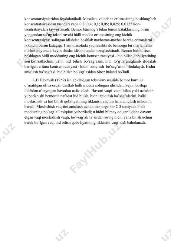 havoni vaqti-vaqti bilan yoki uzluksiz yuborishishi bemorda nafaqat hid bilish, hidni aniqlash bo’sag’alarini, balki moslashish va hid bilish qobiliyatining tiklanish vaqtini ham aniqlash imkonini beradi. moslashish vaq-tini aniqlash uchun bemorga har 2-3 soniyada hidli moddaning bo’sag’ali miqdori yuboriladi; u hidni bilmay qolganligicha davom etgan vaqt moslashish vaqti, bo’-sag’ali ta’sirdan so’ng hidni yana bilish uchun kerak bo’lgan vaqt hid bilish qobi-liyatining tiklanish vaqti deb baholanadi. image1.png image2.png