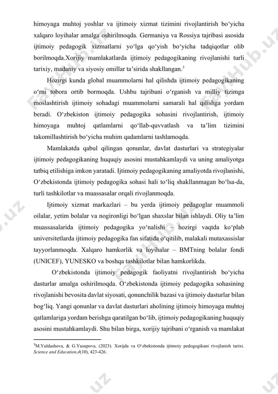 .xakimova, & g.musaxanova, (2019). kasbiy pedagogika. t.: tdiu, 306. ] i. bob. ijtimoiy pedagogikaning nazariy asoslari va xorijda rivojlanish tarixi 1.1. ijtimoiy pedagogika tushunchasi va uning mohiyati. asosiy tamoyillari va funksiyalari ijtimoiy pedagogika tushunchasi - ijtimoiy pedagogika – insonning jamiyatdagi ijtimoiylashuv jarayonlarini oʻrganadigan va boshqaradigan fan sohasi boʻlib, u tarbiya, taʼlim va ijtimoiy yordam orqali insonning ijtimoiy rivojlanishini qoʻllab-quvvatlashga qaratilgan. bu soha insonning hayotiy muhitdagi shaxsiy va ijtimoiy muammolarini hal qilishga yordam beradigan pedagogik yondashuvlarni ishlab chiqadi. ijtimoiy pedagogika turli yoshdagi, turli ehtiyojlarga ega boʻlgan insonlar bilan ishlaydi va ularning jamiyatga moslashishiga koʻmak beradi. u pedagogika, psixologiya, sotsiologiya, ijtimoiy ish, huquq va etika fanlari bilan chambarchas bogʻliq. ijtimoiy pedagogikaning mohiyati. ijtimoiy pedagogikaning asosiy mohiyati quyidagilardan iborat: 1. insonning ijtimoiylashuv jarayonini qoʻllab-quvvatlash – shaxsning jamiyatga moslashishini osonlashtirish, ijtimoiy muhitda oʻz oʻrnini topishiga yordam berish.[footnoteref:5] [5: n.s.musaeva, & d.adhamova, (2024). inklyuziv taʼlimning sharq va gʻarb mamlakatlarida rivojlanish tarixi. interpretation and researches, (22). …
