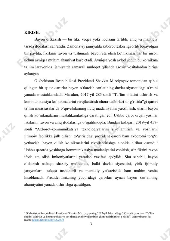 tushunchasi, uning turlari, uslublari va til xususiyatlarini ilmiy manbalar asosida o‘rganish. 2. bayon matnlarining tuzilishi va tarkibiy qismlarini o‘rganish – kirish, asosiy qism va xulosa qismlarining mazmuniy-tarkibiy jihatlarini tahlil qilish. 3. bayon o‘tkazish ko‘nikmalarini shakllantirish usullarini aniqlash – o‘quvchilar va talabalar uchun amaliy tavsiyalar ishlab chiqish, mashq va topshiriqlar tahlilini o‘tkazish. 4. amaliy misollar asosida bayon matnlarini tahlil qilish – turli mavzulardagi bayonlarni o‘rganish orqali yozma nutqni shakllantirish yo‘llarini ko‘rsatish. 5. bayon qilish ko‘nikmalarining ta’lim jarayonidagi o‘rnini aniqlash – bayon orqali fikrni aniq va tushunarli yetkazishning ahamiyatini yoritish. 6. xulosa va tavsiyalar ishlab chiqish – o‘rganilgan nazariy va amaliy materiallar asosida bayon o‘tkazishni takomillashtirishga doir xulosalar chiqarish.. kurs ishining obyekti: ushbu kurs ishining obyekti — bayon o‘tkazish jarayoni va uning ta’lim jarayonidagi ahamiyatidir. xususan, bayon turlarining mazmun-mohiyati, ularning til, uslub va kompozitsion xususiyatlari, hamda o‘quvchilarning yozma nutqini shakllantirishdagi roli asosiy tadqiqot obyekti sifatida o‘rganiladi. tadqiqot predmeti: kurs ishining predmeti — …