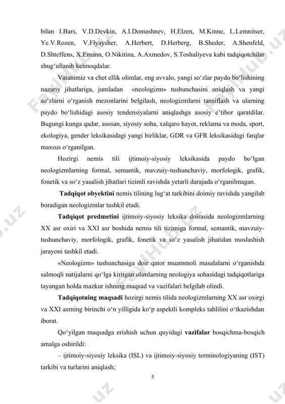 ining amaliy aspektlarini o‘rganishda foydalanish mumkin. bundan tashqari, mazkur tadqiqot materiallaridan o‘quv jarayonida foydalanish ushbu soha o‘qituvchilari va talabalarining hozirgi nemis tili ijtimoiy-siyosiy leksikasida paydo bo‘lgan neologizmlar bo‘yicha bilimlarini yanada oshirish va boyitishga imkon darajasida hissa qo‘shadi. tuzilishi va hajmi. bitiruv malakaviy ishi kirish, ikki tadqiqot bobi, xulosa va foydalanilgan adabiyotlar ro‘yxatidan iborat. i.bob. ijtimoiy-siyosiy leksika va terminologiya tadqiqot obyekti sifatida 1.1. ijtimoiy-siyosiy leksika va terminologiyaning o‘zaro munosabati va ta’siri ijtimoiy-siyosiy leksika tadqiqi lingvistik jihatdan katta qiziqish uyg‘otadi. siyosiy kommunikatsiya va kommunikativ faoliyat qonuniyatlarini tadqiq etishga bo‘lgan e’tiborning kuchayishi bilan bog‘liq ravishda hozirgi davrda siyosiy leksikani o‘rganish tobora dolzarb masalaga aylanmoqda. ijtimoiy-siyosiy leksikani tadqiq etish, mazkur soha va mavzular doirasining kengligi va bu borada olib borilayotgan ko‘plab tadqiqotlarga qaramasdan, bir qator masalalar o‘z yechimini kutmoqda. masalan, siyosiy leksika taraqqiyotining davriy chegarasini belgilash, verbal siyosiy maydonning leksikografik jihatdan taqdim etilishi va mavzuiy chegarasini aniqlash, chuqurroq izlanishlarni talab qilmoqda. ma’lumki, leksik qatlam …