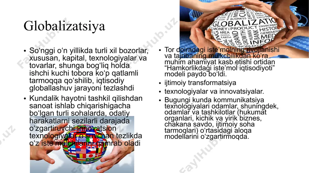 elektron tijorat aktni rivojlantirish raqamli texnologiyalar vositalarni joriy etish raqamlashtirish darajasi raqamli qurilmalar blokkcheyn big data neyrotexnologiyalar 3d printer buyumlar interneti sun’iy intellekt bulutli texnologiyalar raqamli iqtisodiyotning zamonaviy texnologiyalari raqamli iqtisodiyot rivojlanish tendensiyalari 1. raqamli texnologiyalarni intensiv ravishda tarqatish va ulardan foydalanish shu darajaga yetadiki bu allaqachon zamonaviy inson faoliyatining hoh u iqtisodiy, hoh siyosiy, hoh madaniy bo‘lsin kundalik qismi hisoblanadi. 2. jamiyatni raqamlashtirish axborotlarni qog‘ozdan raqamli makonga o‘tkazish, fuqarolar bilan o‘zaro munosabatlar va boshqalarning elektron platformalariga o‘tishga olib keldi. 3. akt mamlakatning iqtisodiy rivojlanish asosi hisoblanadi. raqamli iqtisodiyot - bu internet, kompyuterlar, mobil qurilmalar va boshqa raqamli texnologiyalar orqali yaratilgan mahsulotlar va xizmatlar iqtisodiyotidir. bu texnologiyalar axborotni yaratish, tarqatish, ulashish va saqlash uchun asosiy vositalar bo'lib, korporatsiyalar, tashkilotlar, jamiyat va shaxslar o'rtasida ta'sir kuchini oshiradi. raqamli iqtisodiyot - bu ma'lumotlar asosida qurilgan iqtisodiyot, u yerda ma'lumotlar - bu barcha iqtisodiy faoliyatning asosiy manbasi va uning samarali ishlatilishi muhim ahamiyatga …