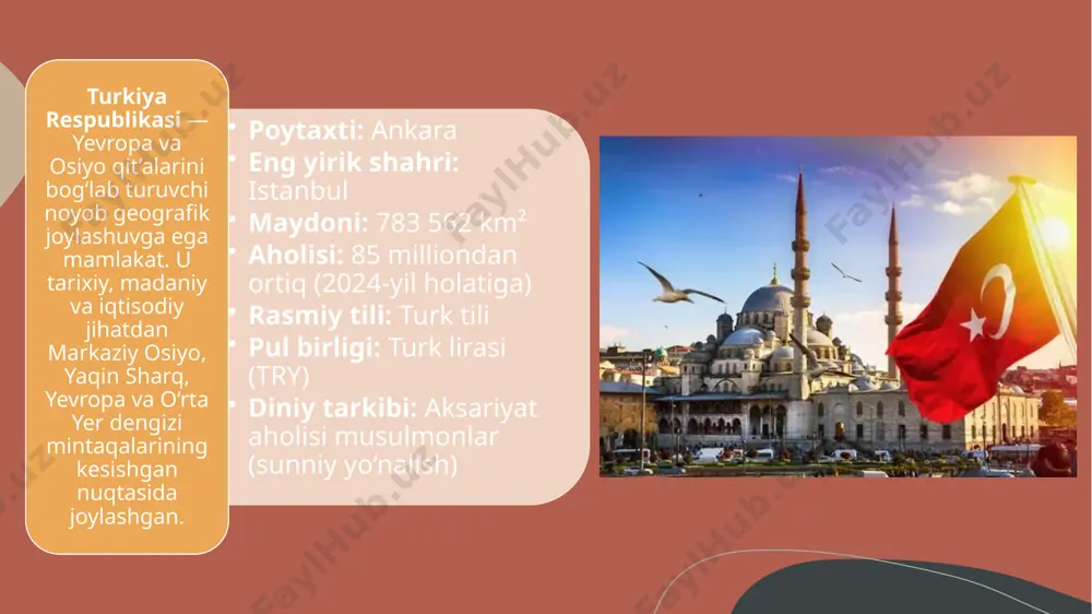 elar va tarixiy tramvay bilan mashhur yurish maskani. 🏛️ arxitektura va zamonaviy diqqatga sazovor joylar dolmabaxche saroyi – usmoniylar imperiyasi oxirida qurilgan hashamatli inshoot. taksim maydoni – istanbulning yuragi hisoblanadi, xalqaro tadbirlar, mitinglar va festivallarning o‘tkazilish joyi. 🍽️ milliy taomlar va gastronomiya turk qahvasi, baklava, doner kebab, simit va boshqa milliy taomlar sayyohlar orasida juda mashhur. istanbuldagi restoranlar va bozorlarda har xil viloyatlarga xos taomlarni topish mumkin. turizm markazlari – turkiyaning mashhur sayyohlik shaharlari 🎈 kapadokiya – sharlar bilan uchadigan mo‘jiza diyori noyob tog‘ jinslari, g‘orli mehmonxonalar, qadimiy monastirlar. erta tongda havo sharida parvozlar – kapadokiyaning eng mashhur tajribasi. uchhisar qal’asi, derinkuyu yerosti shahri, göreme muzeylari. 🌊 antalya – quyosh, plyaj va dam olish maskani o‘rta yer dengizi bo‘yidagi eng mashhur kurort shahri. toza plyajlar, 5 yulduzli mehmonxonalar, “all inclusive” xizmatlari. diqqatga sazovor joylar: kaleichi (eski shahar), duden sharsharasi, antalya akvariumi. sport turlari: parashyut, suzish, sho‘ng‘ish va sayr kemalari. 💧 …
