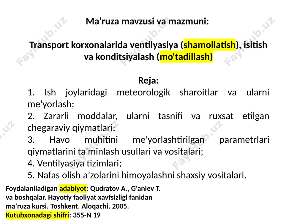 ильтр; 4-калорифер; 5-марказдан қочма вентилятор; 6-ҳавони хонага киритиш тешиклари; 7-ҳавони хонадан чиқариш тешиклари; 8-ростлаш клапани; 9-ҳавони чиқариш қурилмаси; 10-ҳаво айланишини таъминловчи узатиш қурилмаси; havoni haydovchi havoni so’ruvchi havoni so’ruvchi- haydovchi расм. сўриш қурилмаси. чапдаги -тўғри; ўнгдаги -нотўғри. умумлаштирувчи вентилятор бутун хонадаги ҳавони алмаштирса, маҳаллий вентилятор эса маьлум бир жойлардаги ҳавони алмаштиради (вентиляторнинг самарадорлиги вентиляциялаш қурилмасининг қувватига ва ҳаво алмаштиришни ташкил этишнинг маълум қоидаларига риоя қилишга боғлиқ бўлади). organizmdagi fiziologik jarayonlarni meyo‘rida borishi uchun atrof-muhit ajralib chiqayotgan issiqlikni o’ziga qabul qilish xususiyatiga ega bo’lishi kerak. organizm ajratib chiqayotgan issiqlik miqdori va atrof-muhitning sovutish xususiyatiga mos tushishi uning nufuzini belgilaydi. agar kishi yuqori ish unumdorligiga erishgan holatda ham yaxshi kayfiyati ta‘minlansa, bunday mikroiqlim sharoit komfort-ya‘ni eng qulay sharoit hisoblanadi. ma‘lumki, kishi organizmi termoregulyatsiya, ya‘ni o’z haroratini boshqara bilish xususiyatiga ega. bu asosan quyidagi uch xil yo’l bilan amalga oshiriladi: bioximik, qon aylanish intensivligining o’zgarishi va terlash. bioximik termoregulyatsiya organizmda kechadigan jarayonlarning jadalligi …