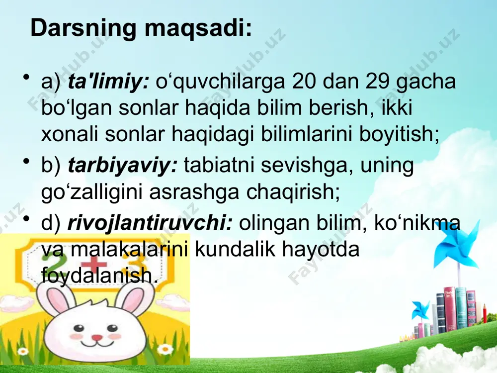 rilish 29 - 23 ? 11 + 10 o‘tilgan mavzuni mustahkamlash. abak yordamida 21, 22, 23, 24, 25, 26, 27, 28, 29 sonlari hosil qilinadi. o‘nlar xonasi va birlar xonasi haqida ma'lumot beriladi. har bir xona birligi turgan raqamlar nimani bildirishi so‘raladi. o‘tilgan mavzuni takrorlash va mustahkamlash maqsadida 29·21 8 29·21 8 11 + 1 12 11 + 1 12 16+11 26 16+1~26 30 - 7 23 30·7 23 29·3 27 29· 27 misollarni javoblari bilan moslashtiring" trenajyor mashqi beriladi. 3-misol (og'zaki). 20 sonidan keyin qaysi son keladi? 21 soni hosil qilinadi 2 ta o‘nlik va 1 ta birlik - bu 21 ekanligi tushuntiriladi. guruhlarga 20 dan 29 gacha bo‘lgan sonlar konvertga solinib tarqatiladi. guruh a'zolari sonlarni o‘sish tartibida joylashtiradilar. ekspertlar esa o‘quvchilarning tartib-intizomi, zukkoligi, chaqqonligi va bajarayotgan ishining sifatiga qarao "5" balli tizimda baholaydilar. barcha ishtirokchilar bajargan ishiga qarao rag'batlantiriladi. darsni yakunlash. 0‘quvchilar bilimini baholash, faol ishtirok etgan o‘quvchilarni …