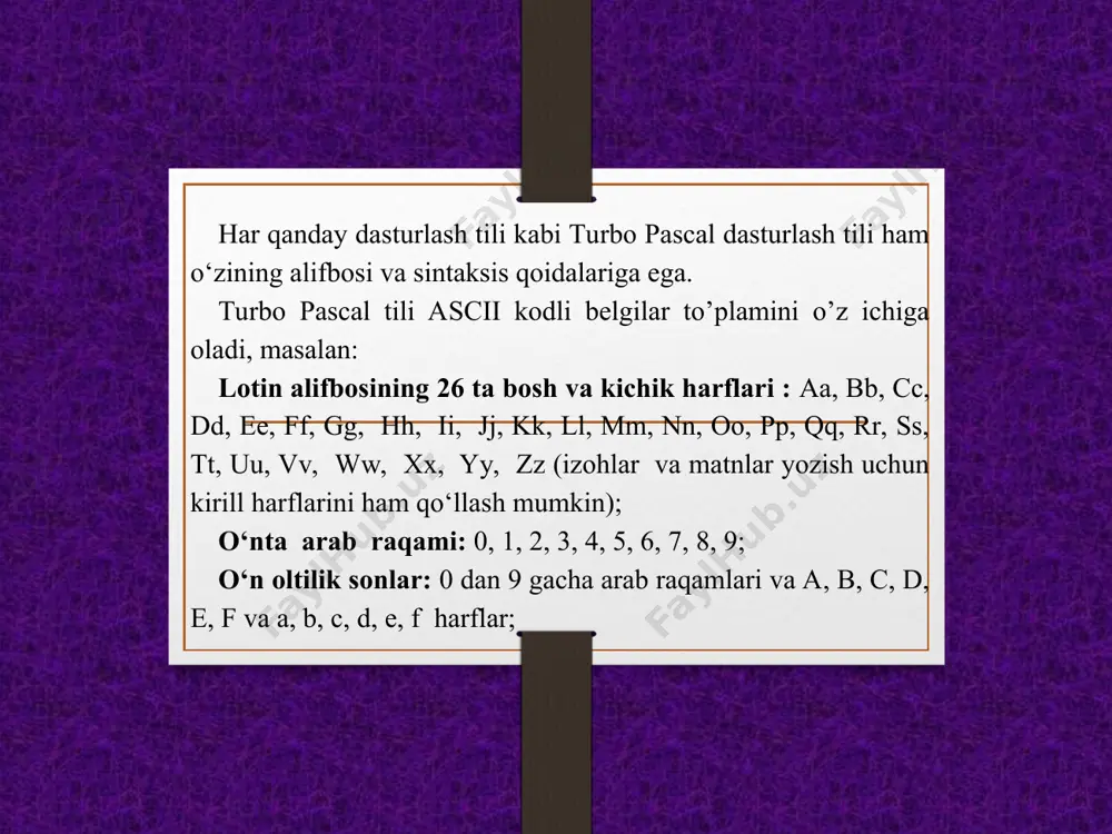 hiralangan bo’lib, ularni foydalanuvchi identifikatori sifatida qo’llash mumkin emas: and, asm, array, begin, case, const, constructor, destructor, div, do, downto, else, end, exports, file, for, function, goto, if, implementation, in, absolute, assembler, export, external, far, forward, index, interrupt, near, private, public, resident, virtual, inherited, inline, interface, label, library, mod, nil, not, object, of, or, packed, procedure, program, record, repeat, set, shl, shr, string, then, to, type, unit, until, uses, var, while, with, xor. paskal dasturlash tili bu so’zlarni dasturda ishlatishga yo‘l qo‘ymaydi hamda xato xabarini ekranga “error 2: identifier expected” (zahira identifikator) yozuvi orqali ifodalaydi.