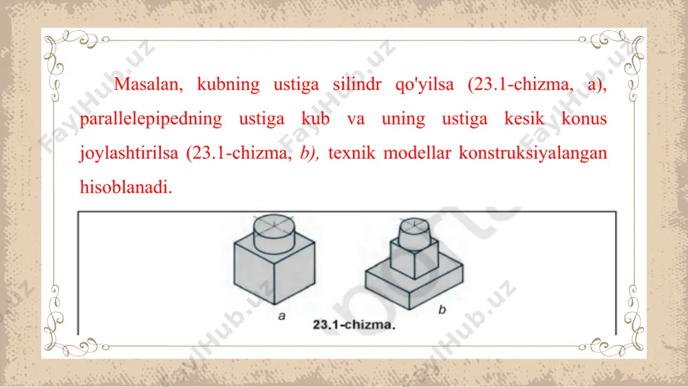 kr yuritaylik. 24.2-chizmada tasvirlangan detal silindrik teshik-li prizmaning ikki yon tomonida uchburchak shaklida joylashgan devorlari bor. bu devorlar prizmaning parallelepiped ustida mustahkam birikib turishi uchun xizmat qiladi. detallarda bunday devorlar «mustah-kamlash qovurg'asi» yoki qisqacha «qovurg'a» deyiladi. ushbu detaldagi qovurg'alar aylanma harakat qiluvchi silindrik teshik devorlarini mustahkamlash maqsadida qo'llaniladi. 24.2-chizma.