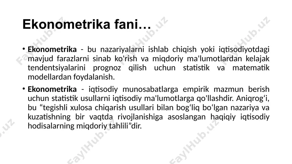hi mumkin bo'lgan har qanday xususiyat, raqam yoki miqdor. yoshi, jinsi, biznes daromadlari va xarajatlari, tug'ilgan mamlakati, kapital xarajatlari, sinf darajalari va transport vositasi turi o'zgaruvchilarga misoldir. nima uchun o’zgaruvchi? misol uchun; "daromad" - bu aholidagi ma'lumotlar birliklari o'rtasida farq qilishi mumkin bo'lgan o'zgaruvchi (ya'ni, o'rganilayotgan odamlar yoki korxonalarning daromadlari bir xil bo'lmasligi mumkin) va har bir ma'lumot birligi uchun vaqt o'tishi bilan farq qilishi mumkin (ya'ni, daromad ko'tarilishi yoki kamayishi mumkin). ma’lumot turlari… sifat va miqdoriy ma'lumotlar nima? miqdoriy ma'lumotlar - qiymatlar yoki sonlarning o'lchovidir va raqamlar bilan ifodalanadi. miqdoriy ma'lumotlar - bu raqamli o'zgaruvchilar haqidagi ma'lumotlar. sifatli ma'lumotlar raqamli bo’lmagan ma’lumotlar hisoblanadi. ma'lumotlar taqdimoti universitetning birinchi kurslarida o'qiyotgan tasodifiy tanlangan 21 talabaning yoshini o'lchash yo'li bilan olingan ma'lumotlar: oldingi misoldagi ma'lumotlar to'plami ma'lumotlar chastotasi jadvali bilan ifodalanishi mumkin tasviriy statistika image1.png image2.png image3.png image4.png image5.gif image6.png image7.png image8.png image9.png image10.png image11.png /docprops/thumbnail.jpeg