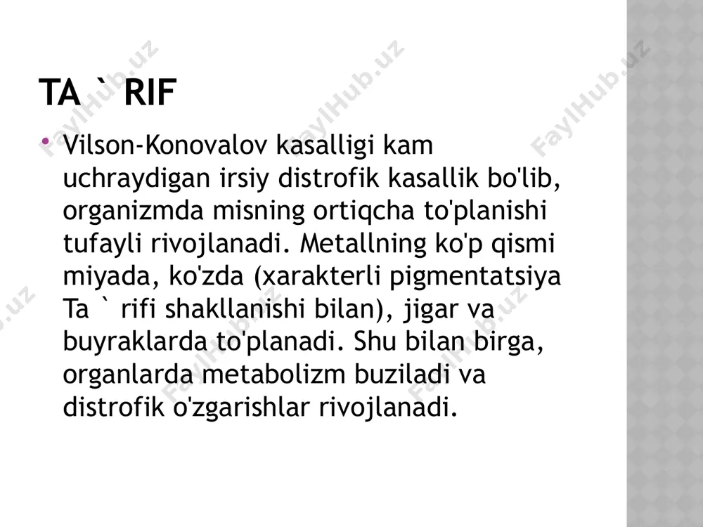 oksikatsiya) keltirib chiqaradi. jigar va miyada to'plangan mis bu organlarning hujayralarining o'limiga yordam beradi. bu yallig'lanish reaktsiyasini va jigarda biriktiruvchi to'qimalarning ko'payishini keltirib chiqaradi . - bu jigar kanallarining fibroziga, keyinchalik esa sirroz rivojlanishiga olib keladi. nerv hujayralarining nobud bo'lishi va ularning miyada erishi (lizis) bo'shliqlar (kistalar) hosil qiladi. boshqa organlar va to'qimalarda esa o'zgarishlar odatda kichikdir. parchalangan hujayralardan mis tashqi omillar ta'sirida (infektsiya, intoksikatsiya, dori vositalariga reaktsiyalar) qonga chiqarilganda, qon plazmasidagi mis konsentratsiyasi bir necha marta oshishi mumkin. bu qizil qon hujayralarining katta tezlikda parchalanishiga olib keladi, bu og'ir, ko'pincha o'limga olib keladigan asoratga – fulminant (lotincha fulmino – chaqmoqdek, bir lahzada rivojlanuvchi) jigar yetishmovchiligiga olib keladi vilson-konovalov kasalligining turli xil belgilari nafaqat misning to'planishi, balki organizmning o'z hujayralarining parchalanish mahsulotlari bilan zaharlanishi(autointoksikatsiya)dan ham kelib chiqadi belgilari kasallikning belgilari to'rt guruhga bo'linadi: jigar shikastlanishiga oid belgilar nevrologik belgilar; belgilari ruhiy alomatlar; boshqa ichki organlardagi o'zgarishlar. . kasallikning eng muhim …
