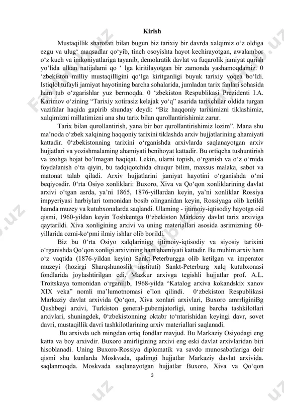 v hujjatlari xalqimizning bebaho noyob tarixiy boyligi hisoblanadi. i. xonliklarda arxivlarning tashkil qilinishi. 1.1 o’rta osiyo xonliklar davrida arxiv ishi (xviii-xix asr) o’rta osiyo xonliklari hukmronligi davridagi ma’muriy boshqaruv tizimi bilan bog‘liq muammolar ko‘plab vatanimiz va xorijiy tarixchilar hamda sharqshunoslar tomonidan tadqiq qilingan bo‘lib, bu esa o‘sha davrlardagi ish yuritish va hujjatshunoslik, hujjatlami saqlashni tahlil qilishni osonlashtiradi. 0 ‘z navbatida, hujjatlar bilan ishlash va ulaming saqlovini tashkillashtirishga oid ko‘plab jarayonlar hozirgacha to‘liq o‘rganilmagan. o‘rta osiyo xonliklaridagi hukumat institutlarining boshqamv funksiyalari, davlat hujjatlarini tizimlashtirish tahlillari xonliklardagi hujjatshunoslikni va uning o‘ziga xos tomonlarini o‘rganishimizga yordam beradi[footnoteref:1]. ma’lumki, xvi asr boshlarida shayboniyxon boshchiligidagi ko‘chmanchi o‘zbeklar movarounnahr va xurosonni egallab, temuriy shahzodalar hukmronligi ga chek qo‘ydilar va bu ulkan hududda o‘zlarining markazlashgan davlatiga asos soldilar. 1583-yilda abdullaxon ii davrida shayboniylar davlatining poytaxti sifatida buxoro mustahkamlandi va siyosiy, ma’muriy, iqtisodiy markazga tobe bo‘lgan hududlar buxoro xonligi deb atala boshlandi. keyinchalik, mang‘itlar sulolasi vakili amir shohmurod …