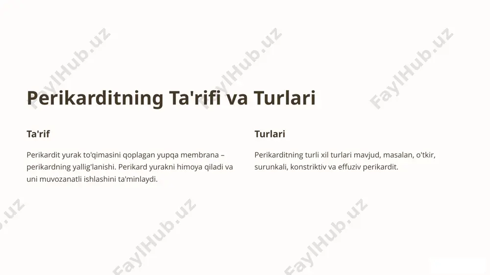 rdioplastika – perikardni qayta tiklash. 6 perikardit operatsiyalarining xavfsizligi va komplikatsiyalari xavfsizlik jarrohlik amaliyoti tajribali jarrohlar tomonidan mukammal jihozlangan operatsion xonalarda o'tkaziladi. komplikatsiyalar har qanday jarrohlik amaliyoti singari, perikardit operatsiyalari ham ba'zi xavflar bilan bog'liq, masalan, infektsiya, qon ketishi, yaqin atrofdagi organlarga shikast yetkazish. 7 perikardit operatsiyalarining natijalarini yaxshilash uchun tavsiyalar 1 dam olish operatsiyadan so'ng to'liq dam olish muhim, bu tiklanishni tezlashtiradi. 2 dori-darmonlar shifokor tomonidan belgilangan dori-darmonlarni muntazam ravishda qabul qilish kerak. 3 nazorat jarrohlikdan keyin shifokorning nazoratida bo'lish va tavsiyalariga amal qilish kerak. 8 image1.png image2.png image3.png image4.png image5.png image6.png image7.png image8.png image9.png image10.png image11.png image12.png image13.png image14.png image15.png image16.png