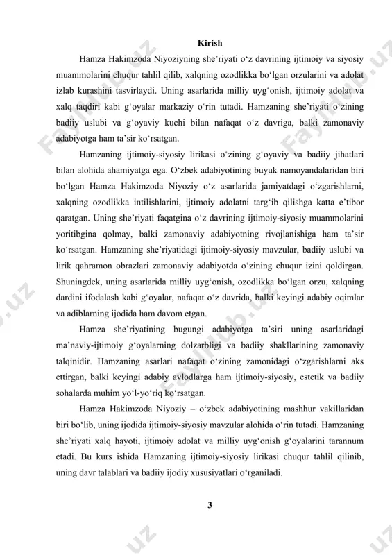 elajak avlod uchun ham muhim ma’naviy manba bo‘lib xizmat qilmoqda. hamzaning ijtimoiy-siyosiy mavzularni o‘z she’riyati orqali mahorat bilan yoritishi, uning asarlarida xalqning dardi va orzularini ifoda etishi bugungi kunda ham jamiyatimizda dolzarb bo‘lgan masalalarni yoritishda muhim tajriba va ilhom manbasi sifatida qaraladi. shu sababli, ushbu mavzuni o‘rganish nafaqat hamza ijodini yanada chuqurroq anglashga, balki zamonaviy adabiyotshunoslik va madaniyatshunoslik uchun ham katta ahamiyatga ega. kurs ishi ahamiyati - ushbu kurs ishi hamza hakimzoda niyoziyning ijtimoiy-siyosiy lirikasini badiiy va mazmuniy jihatdan tahlil qilish orqali uning ijodiy merosini yanada chuqurroq anglashga yordam beradi. ishning ahamiyati quyidagilarda namoyon bo‘ladi: nazariy ahamiyat: hamzaning she’riyati orqali o‘z davridagi ijtimoiy-siyosiy vaziyatni tushunish va uning ijodida aks etgan g‘oyalarning badiiy talqinini o‘rganish imkonini beradi. amaliy ahamiyat: kurs ishi natijalari o‘quv jarayonlarida, xususan, adabiyot darslarida va ilmiy-tadqiqot ishlari uchun qo‘llanilishi mumkin. bundan tashqari, hamza ijodini kengroq targ‘ib qilishga xizmat qiladi. zamonaviylik: hamzaning ijtimoiy adolat, tenglik va milliy uyg‘onish haqidagi …