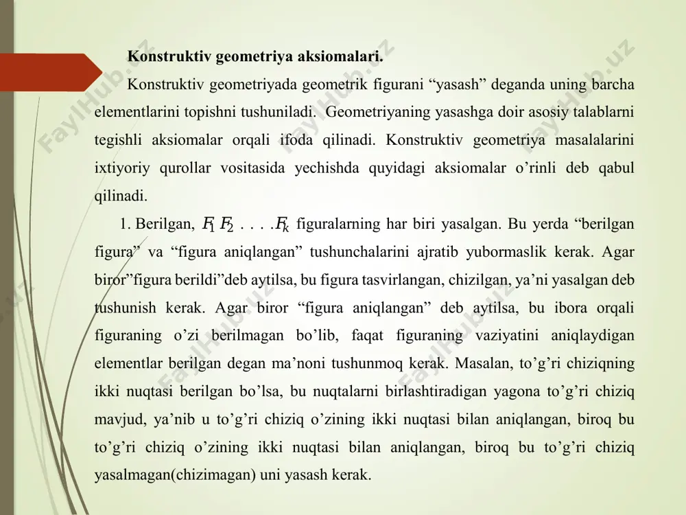 di. 1. agar a, b nuqtalar (a ≠ b) belgilangan bo’lsa, ab nurni yasash mumkin. 2. agar o nuqta va ab kesma yasalgan bo’lsa markazi o nuqtada va radiusi r=ab bo’lgan aylanani chizish mumkin. bu aylanani s(o,r)ko’rinishida belgilaymiz. yasashga doir masalalarni b osqichlab yechish masalani to ’g’ri yechishning garovidir. lekin shuni es dan chiqarmaslik kerakki, har qanday masalani yechishda ham bu to’rtta bosqichga qat’iy roiya qilish shart emas. masalaning og ’ir yengilligiga, sodda- murakkabligiga qarab, bu bosqichl arning ba’zilariga to’xtalmasdan ketish ham mumkin. shu aksiomalarga suyanib, quyidagi ba’zi sodda masalalarni yechish mumkin.  𝐴,𝐵 nuqtalar berilgan bo’lsa, 𝐴𝐵 nurni yasang (6-aksioma).  𝐴,𝐵 nuqtalar berilgan bo’lsa, 𝐴𝐵 kesmani yasang. 6-aksiomaga asosan, 𝐴𝐵 va 𝐵𝐴 nurlarni yasaymiz. 3-aksiomaga ko’ra, bu nurlarning kesishmasi izlangan 𝐴𝐵 kesma bo’ladi.  𝐴,𝐵 nuqtalar berilgan bo’lsa, 𝐴𝐵 to’g’ri chiziqni yasang.  agar aylana markazi va radiusiga teng kesma yasalgan bo’lsa, aylanani yasang.  parallel bo’lmagan ikkita …