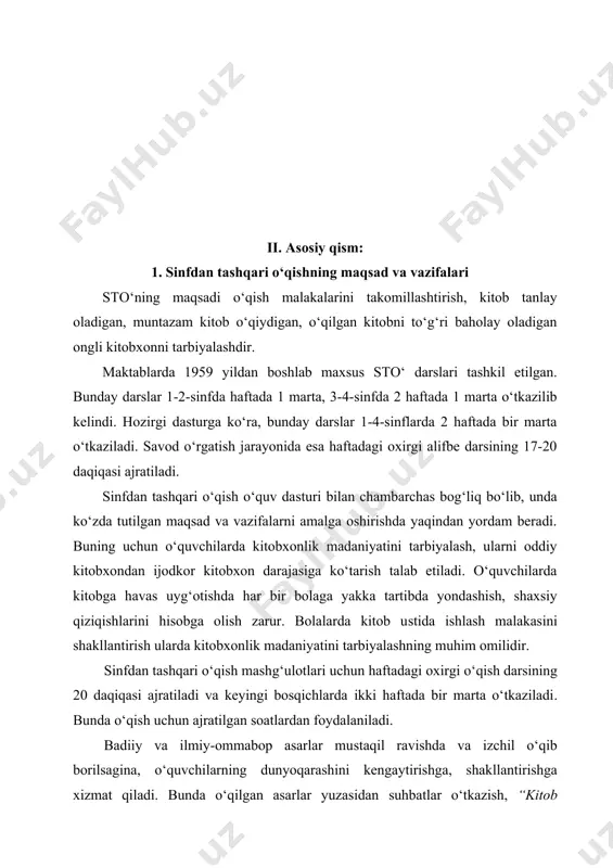 l o‘qish malakalarini tarbiyalash hisoblanadi. buning uchun mustaqil bajarish uchun topshiriqlar berish, qiziqarli mashq turlaridan foydalanish, eng yaxshi insholarni, taqrizlarni, yozuvchi haqida to‘plangan ma’lumotlarni o‘qitish, “tez aytish”, “topishmoqlar topish”, “ifodali o‘qish”, “maqollar aytish musobaqasi”, “ertak to‘qish”, “bilimdonlar anjumani” kabi ko‘rik-tanlovlar tashkil qilish, muayyan mavzular bo‘yicha savol-javoblar uyushtirish, o‘yin tarzidagi ish turlaridan foydalanish zarur. sto‘ sinfda o‘qish bilan uzviy bog‘liq ravishda uyushtiriladi. sinfda o‘qish sto‘ uchun zarur bo‘lgan o‘qish malakalarini shakllantiradi, o‘qigan asarni tushunishga o‘rgatadi, lug‘atni boyitadi. sto‘ qiziqarli va o‘ziga jalb etadigan faoliyat bo‘lib, bolalarning bilim doirasini boyitadi, qiyoslash uchun material beradi. sinfda o‘qish − hayotga tayyorlash vositasi, sinfdan tashqari o‘qish esa hayotning o‘zidir. 2. sinfdan tashqari o‘qish dasturining mazmuni sinfdan tashqari o‘qish dasturining mazmuni kichik yoshdagi o‘quvchilarda ona – vatanga muhabbat uyg‘otish maqsadlariga xizmat qiladi. o‘qish bolalarning nutq boyligini o‘stirish, adabiy-estetik tafakkurini kamol toptirish, mustaqil fikrlashga o‘rgatishning muhim omilidir. shuning uchun ham boshlang‘ich ta’lim tizimida muhim o‘quv predmeti ta’lim …