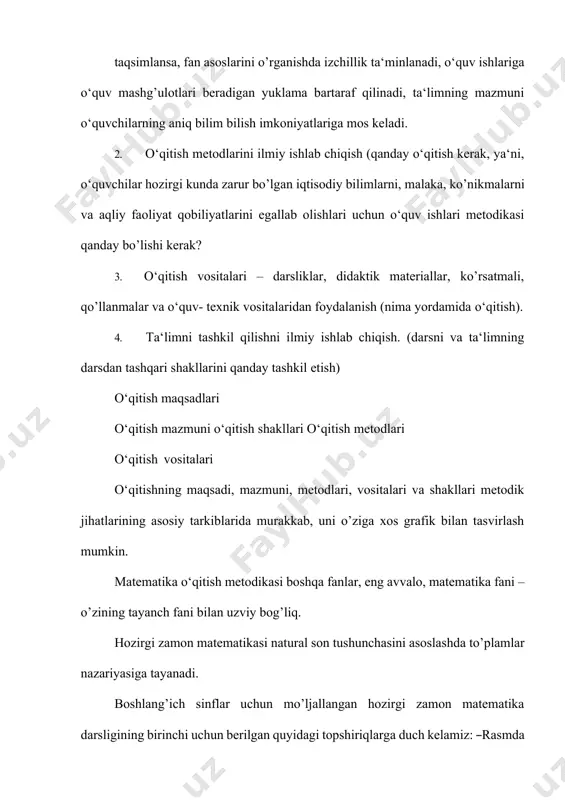 i ishlab chiqishda yo’llanma bo’lib xizmat qiladi. matematika metodikasi pedagogika, psixologiya va yosh psixologiyasi bilan bog’liq. boshlang’ich matematika metodikasi ta‘limning boshqa fan metodikalari (ona tili, tabiatshunoslik, rasm, mehnat va boshqa fanlar o‘qitish metodikasi) bilan bog’liq. o‘qitishda predmetlararo bog’lanishni to’g’ri amalga oshirish uchun o‘qituvchi buni hisobga olishi juda muhimdir. ilmiy-tadqiqot metodlari – bu qonuniy bog’lanishlarni, munosabatlarni, aloqalarni o’rnatish va ilmiy nazariyalarni tuzish maqsadida ilmiy axborotlarni olish usullaridir. kuzatish, tajriba, maktab hujjatlari bilan tanishtirish, o‘quvchilar ishlarini o’rganish, suhbat va so’rovnomalar o’tkazish ilmiy-pedagogik tadqiqot metodlari jumlasiga kiradi. so’nggi vaqtlarda matematik va kibernetik metodlardan, shuningdek, matematekani o‘qitishda modellashtirish metodlaridan foydalanish qayd qilinmoqda. matematika metodikasi ta‘lim jarayoni bilan bog’liq bo’lgan quyidagi uch savolga javob beradi: 1. nima uchun matematikani o’rganish kerak? 2. matematikadan nimalarni o’rganish kerak? 3. matematikani qanday o’rganish kerak? matematika metodikasi haqidagi tushuncha birinchi bo’lib shveytsariyalik pedagog matematik g.pestalosining 1803-yilda yozgan ―sonni ko’rgazmali o’rganish‖ asarida bayon qilingan. boshlang’ich ta‘lim haqida ulug’ mutafakkir abu …