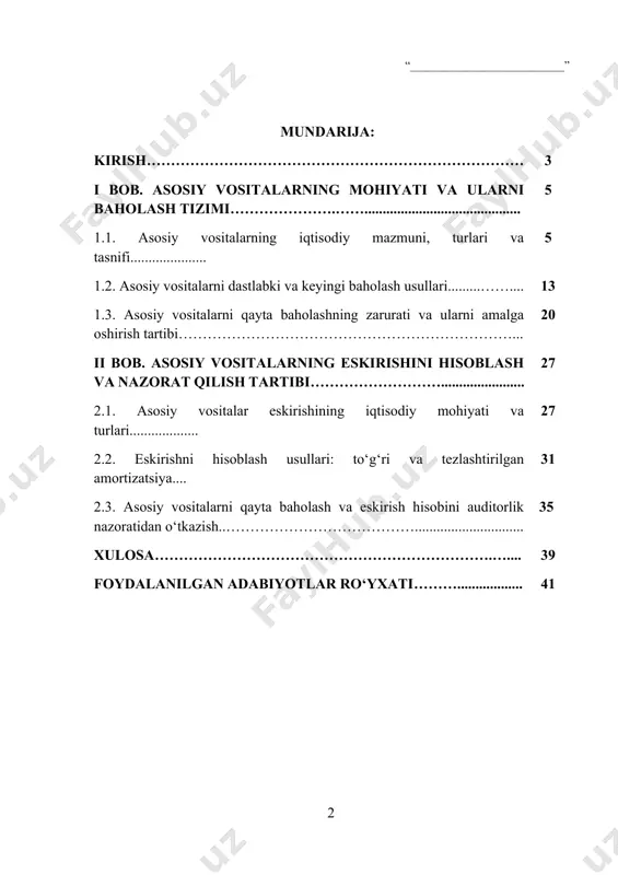 h vositalari ichida eng uzoq muddatli va katta qiymatga ega bo‘lgan aktivlardir. ularning to‘g‘ri baholanishi, eskirish darajasining aniq hisoblanishi va moliyaviy hisobotlarda haqqoniy aks ettirilishi korxona iqtisodiy holatini to‘g‘ri aks ettirishga xizmat qiladi. asosiy vositalarni qayta baholash – bu ularning bozor qiymatini real iqtisodiy sharoitlar asosida yangilash jarayoni bo‘lib, buxgalteriya hisobida aniq va ishonchli ma’lumotlarning mavjudligini ta’minlaydi. o‘z navbatida, asosiy vositalarning eskirishini hisoblash ularning iqtisodiy samaradorligini aniqlashda va amortizatsiya ajratmalarini belgilashda muhim rol o‘ynaydi. ayniqsa, aktivlar qiymatini vaqt o‘tishi bilan real holatga moslab baholab borish, moliyaviy ko‘rsatkichlar ishonchliligini ta’minlaydi. kurs ishining dolzarbligi - bozor iqtisodiyotining tobora rivojlanib borayotgan sharoitida xo‘jalik yurituvchi subyektlar faoliyatida asosiy vositalarning iqtisodiy ahamiyati ortib bormoqda. asosiy vositalar har qanday ishlab chiqarish jarayonining asosi bo‘lib, ularning to‘g‘ri hisobga olinishi, baholanishi va eskirishining aniq hisoblanishi korxona moliyaviy barqarorligi va rivojlanish strategiyasini shakllantirishda muhim rol o‘ynaydi. shu bilan birga, asosiy vositalarni qayta baholash amaliyoti orqali ularning bozor qiymatiga moslashtirilishi, …