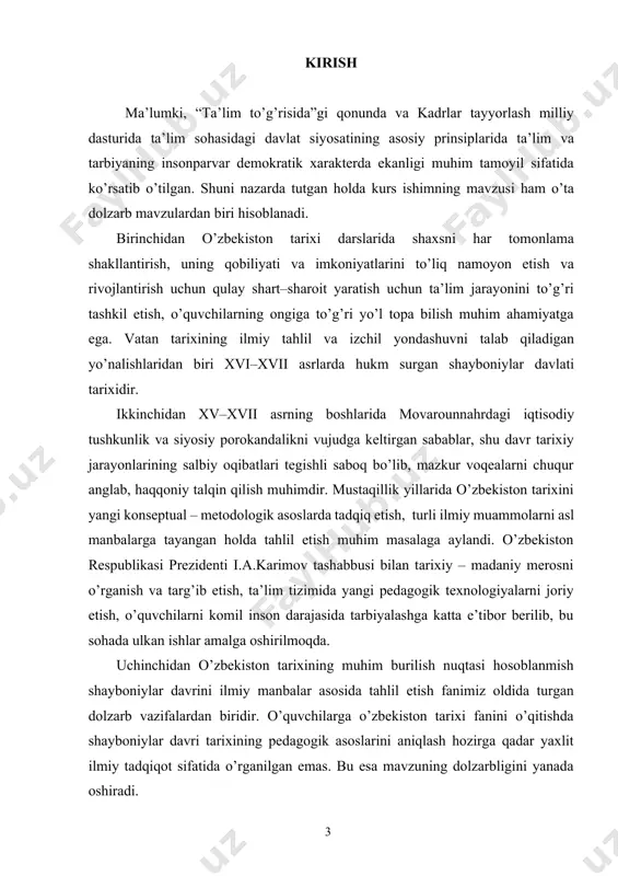 g 70 yillarida oltin о’rda ichki kurashlar yanada keskinlashib ketdi. bu kurashda shayboniylardan tulunbekaxonim, ilbon, alpxо’ja, arabshoh, kaonbeklar katta о’rin tutdilar. oltin о’rda taxti uchun kurashlar kuchayib, tushkunlikka yuz tutgan bir vaqtda oq о’rda davlati kuchayib bordi. bu holatni biz urusxon va tо’xtamishlar xukumronlik qilgan davrda kuzatishimiz mumkin. 1380 yilda oq о’rdaning birlashtirilishi tо’xtamishning amir temur tomonidan qо’llab quvvatlanganligi ta’sirida amalgaoshirilgan edi. oltin о’rda amir temur tomonidan tо’xtamishga qarshi kurashlar davomida ancha zayiflashtirilgan bо’lsada, shodibek hukmronlik qilgan davrda 1401-1407 yana kuchaya boshladi. shu yillarda oltin о’rda bulg’or, xojitarxon, qrim ustidan yana о’z hukmronligini о’rnatdi. 1406 yil edigey tomonidan xorazm bosib olindi. bunga temuriylar о’rtasida kuchayib ketgan taxt uchun kurashlar sabab bо’lgan edi.1 xv asrning 1chi choragida oltin о’rdada о’zaro siyosiy kurashlar yana kuchayib ketdi. 1400-1417 yillar davomida oltin о’rda taxtiga о’tirgan 8 ta xon birin -ketin taxtdan tushirildi. (shodibek, pо’latxon, temirxon, jaloliddin sulton va boshqalar). xiv asrning 80 yillaridan boshlab …