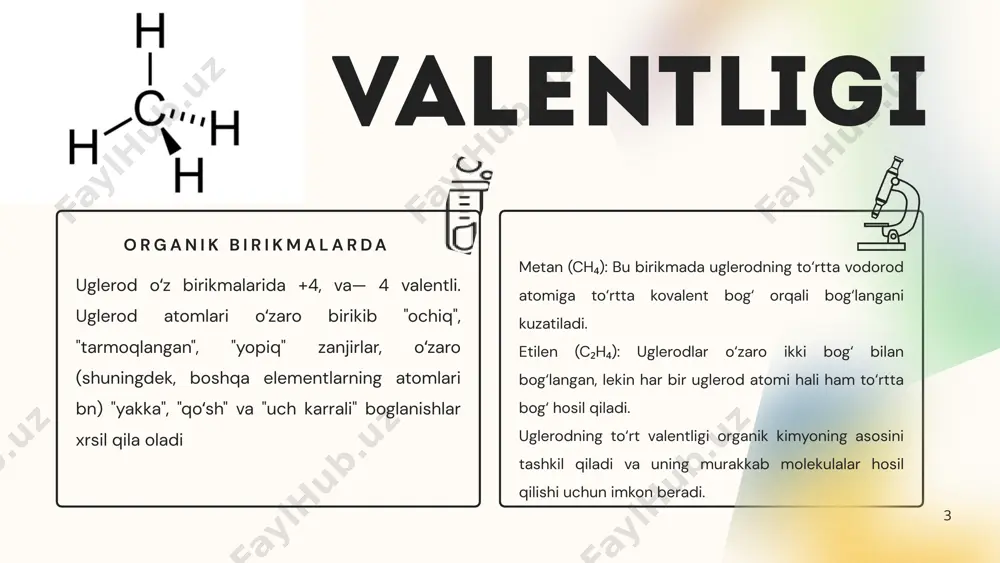 moddalardir. 9 uglerod yerdagi hayotning asosini tashkil etuvchi muhim biogen element. odam organizmida massa jihatidan 20,2% uglerod mavjud. uglerod shuningdek, oqsillar (52% atrofida), dnk va r-nk molekulalari (37% atrofida), fermentlar, gormonlar, vitaminlar tarkibiga kiradi. organizmning tuzilishida qatnashuvchi va uning hayot faoliyatini taʼminlovchi turlituman organik birikmalar, asosan, ugleroddan iborat. organizm uchun zarur boʻlgan energiyaning katta qismi hujayralarda uglerodning oksidlanishidan hosil boʻladi. uglerod atomlari, shuningdek, uglerod bilan boshqa elementlar oʻrtasida mustahkam kimyoviy bogʻ hosil boʻladi, lekin bu bogʻ nisbatan yumshoq fiziologik sharoitlarda parchalana oladi. uglerodning kuchli oʻzlashtirilish (assimilyatsiya) mexanizmi so2 — fotosintez shaklida yashil oʻsimliklarda doim sodir boʻladi (oʻsimliklar har yili 100 mlrd. t. so2 oʻzlashtiradi). yerda so2 ning eng koʻhna oʻzlashtirilish usuli — xemosintez mavjud. koʻpchilik hayvonlar uglerodni ovqatdan tayyor organik birikma holida oladi. ahamiyati 10 birikmalari uni tabiatda va turli xil elementlarga ega bo’lgan birikmada topish mumkin. to’rt milliondan ortiq birikmalar; ya’ni 95 foiz aralashmalar uglerodni o’z ichiga oladi. bu …