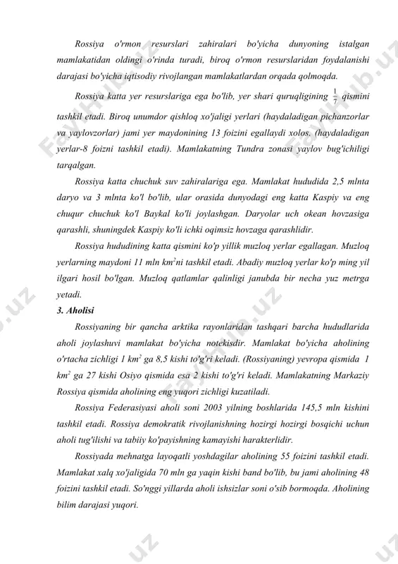 si yuqori. rossiyada shahar aholisi hissasi 73 foizni tashkil etadi. hozirgi vaqtda mamlakatda 13 ta millioner shaharlar va 20 dan ortiq aholisi 500 mingdan 1 mlngacha bo'lgan shaharlar bor. aholisi 1 mlndan ortiq bo'lgan shaharlarga: moskva, sankt-peterburg, nijniy novgorod, novosibirsk, qozon, volgagrad, omsk, perm, rostov-don, samara, yekaterinburg, ufa, chelyabinsk kabi shaharlar kiradi. so'nggi yillarda rossiyaning moskva, sankt-peterburg, nijniy novgorod, yekaterinburg, samara va nobosibirsk shaharlari atrofida shahar aglomerasiyalari shakllangan. mamlakatda qishloq tipidagi manzilgohlarga qishloqlar, xutorlar, stansiyalar, ovullar va ovchi va bug'u boquvchilarning vaqtincha yashovchi joylari kiradi. rossiyada qishloq aholisining o'rtacha zichligi 1 km2ga taxminan 2,2 kishi to'g'ri keladi. mamlakatda eng yuqori qishloq aholisi zichligi rossiyaning janubiy rayonlari va shimoliy kavkazda kuzatiladi. rossiya aholisining milliy tarkibi juda xilma-xil bo'lib, mamlakatda 100 dan ortiq millat va xalqlar yashaydi. aholining ko'pchilik qismini ruslar ya'ni jami aholi salmog'ida 80 foizni tashkil qiladi. rossiyada yashovchi ko'p sonli xalqlarga tatarlar (5 mln kishidan ortiq), ukrainlar (4 mln …